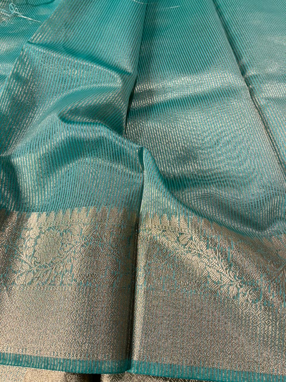Metallic Sea Green Banarasi Tissue Silk Chikankari Banarasi Saree