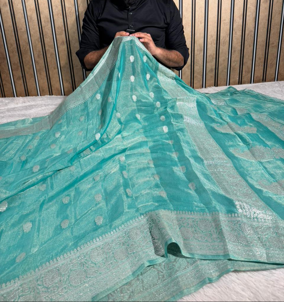 Metallic Sea Green Pure Khaddi Tissue Silk Handwoven Banarasi Saree