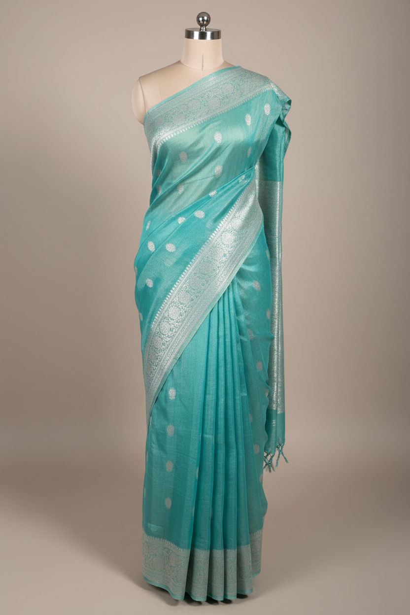 Metallic Sea Green Pure Khaddi Tissue Silk Handwoven Banarasi Saree