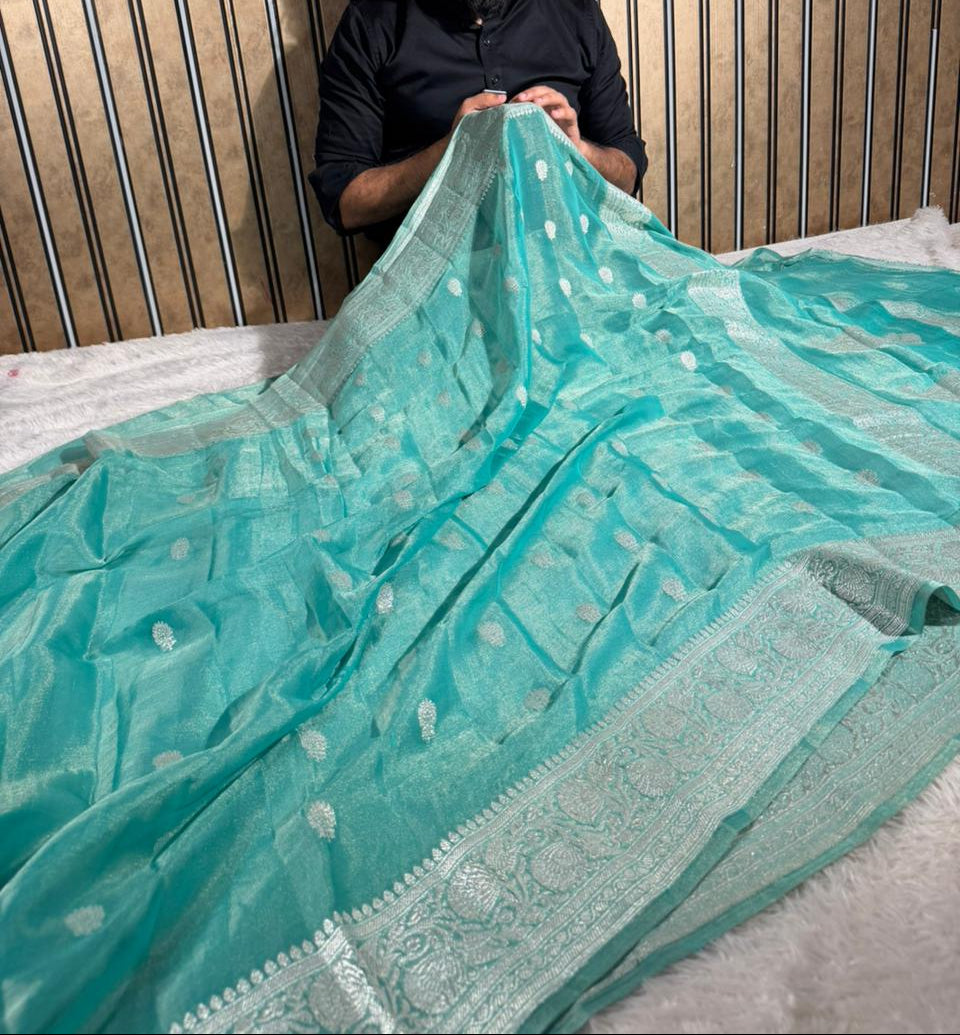 Metallic Sea Green Pure Khaddi Tissue Silk Handwoven Banarasi Saree