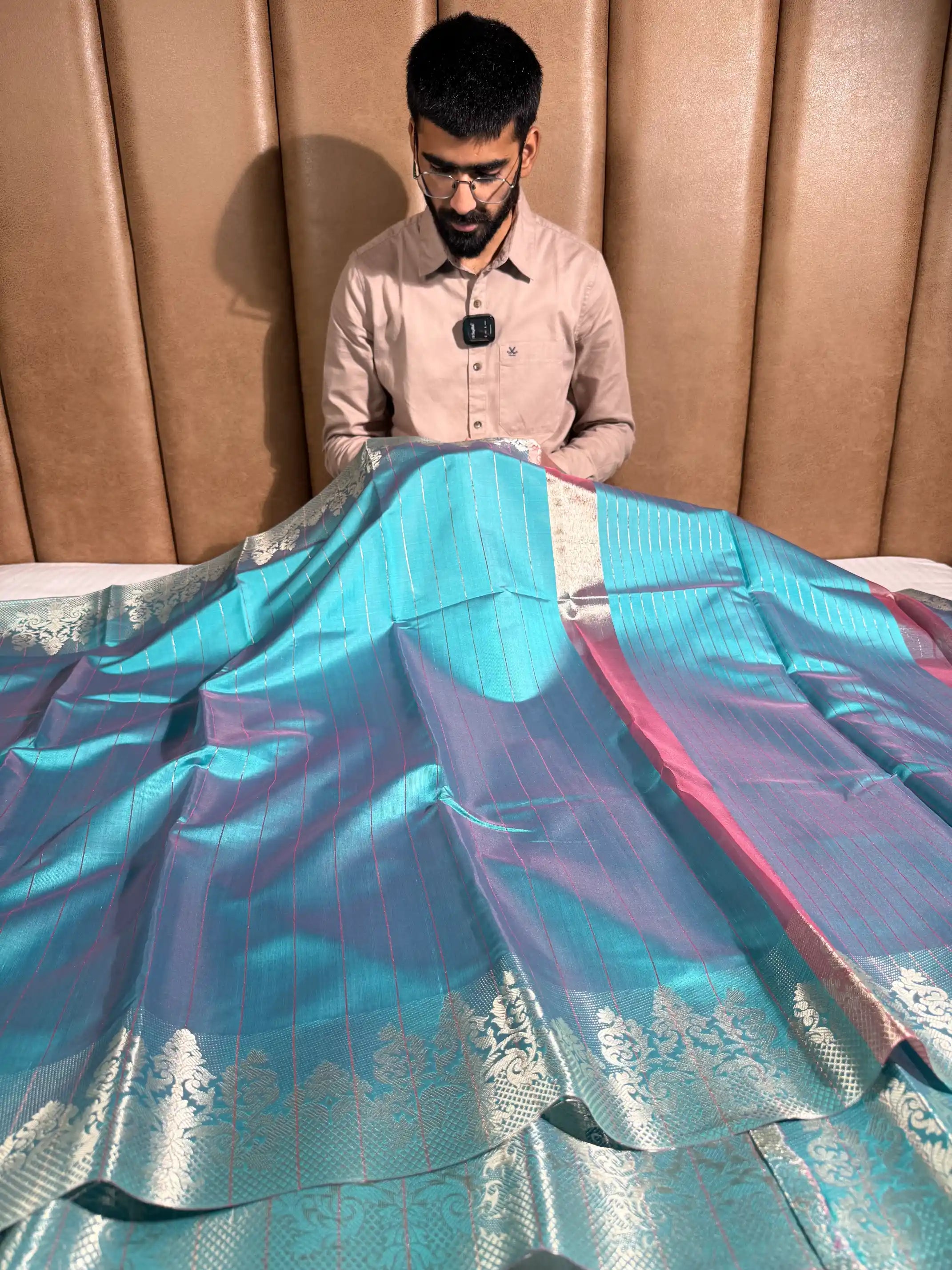 Metallic Sea Green Softsilk Stripes Weave Banarasi Saree