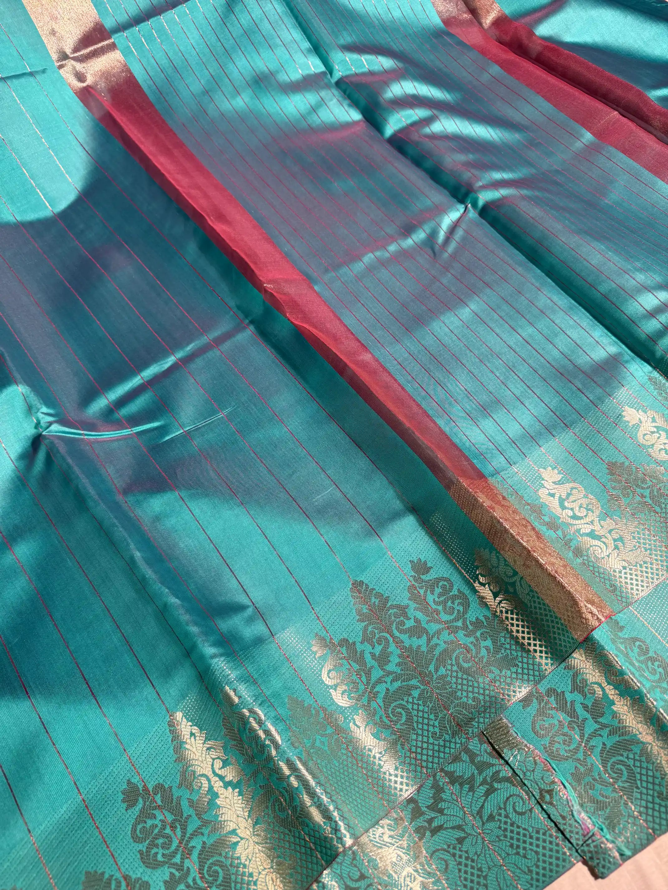 Metallic Sea Green Softsilk Stripes Weave Banarasi Saree