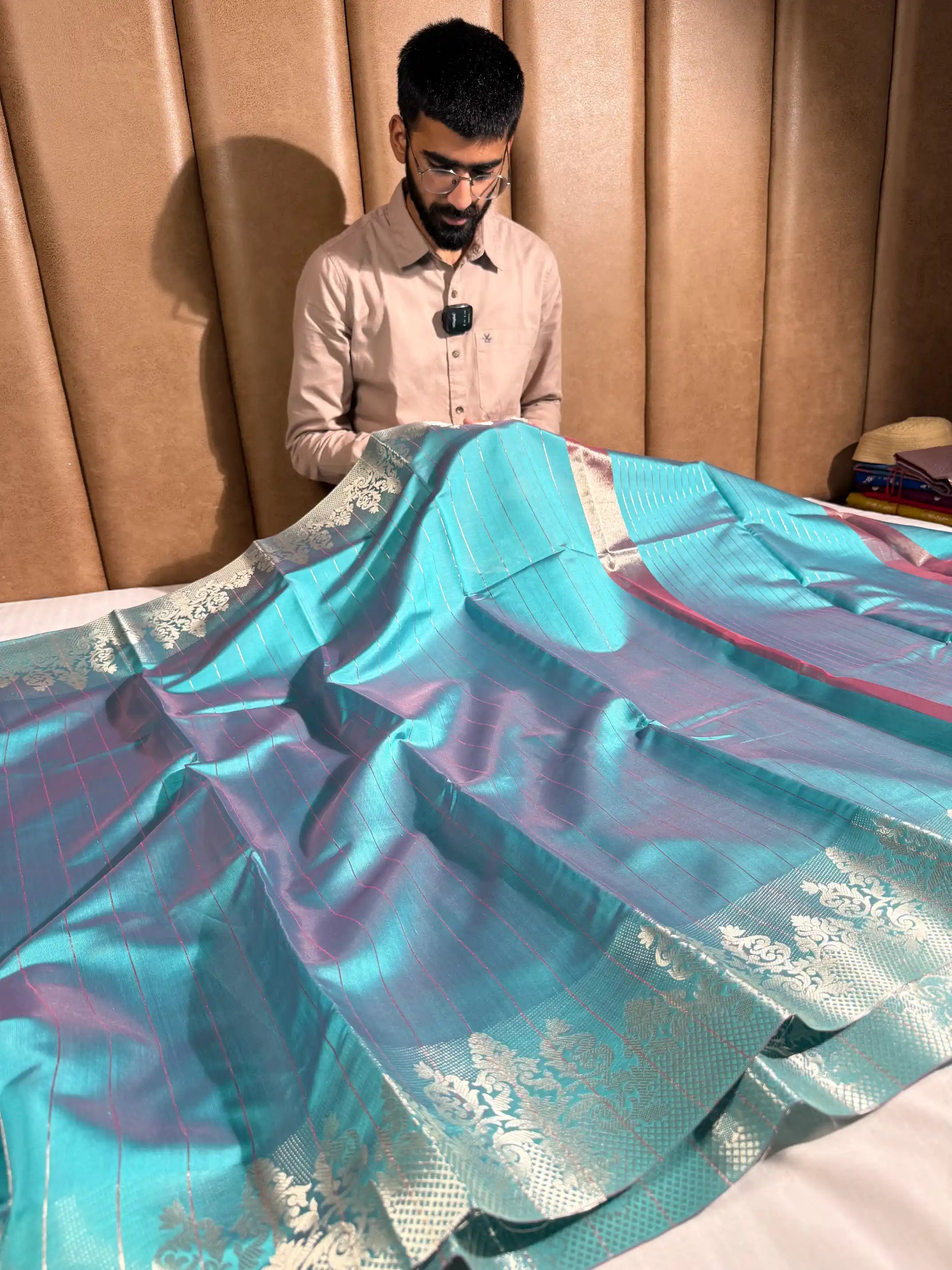 Metallic Sea Green Softsilk Stripes Weave Banarasi Saree