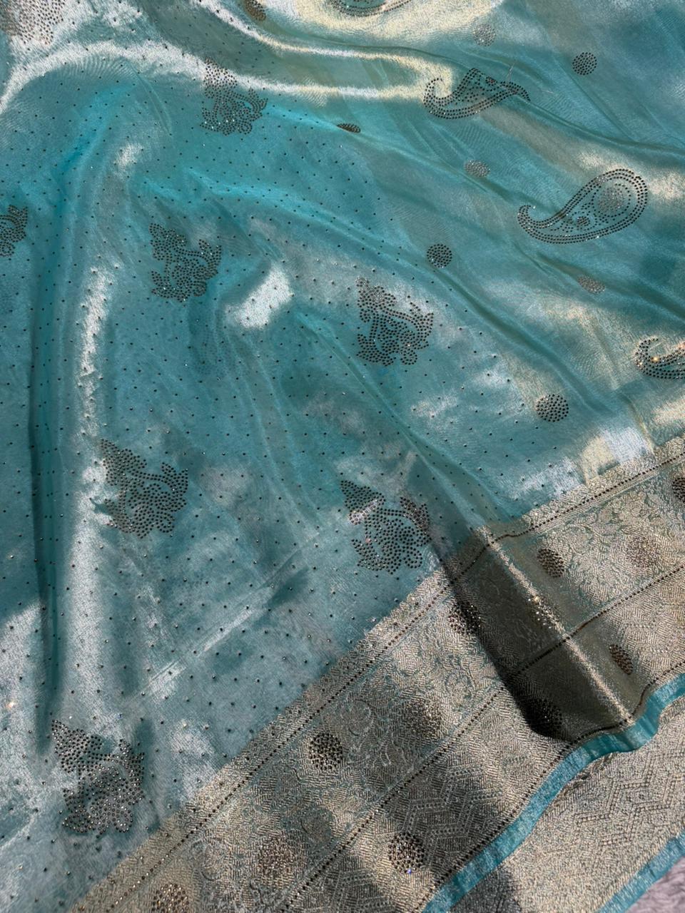 Metallic Sea Green Tissue Silk Swarovski Work Saree