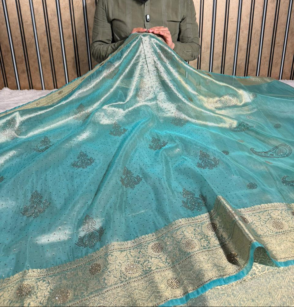 Metallic Sea Green Tissue Silk Swarovski Work Saree