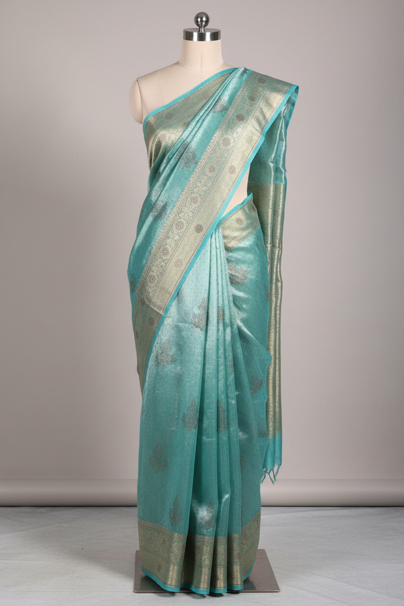 Metallic Sea Green Tissue Silk Swarovski Work Saree