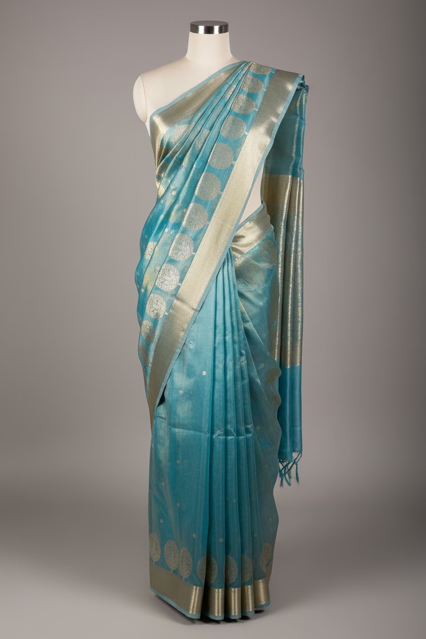 Metallic Sky Blue Gold Tissue Silk Heritage Weave Banarasi Saree