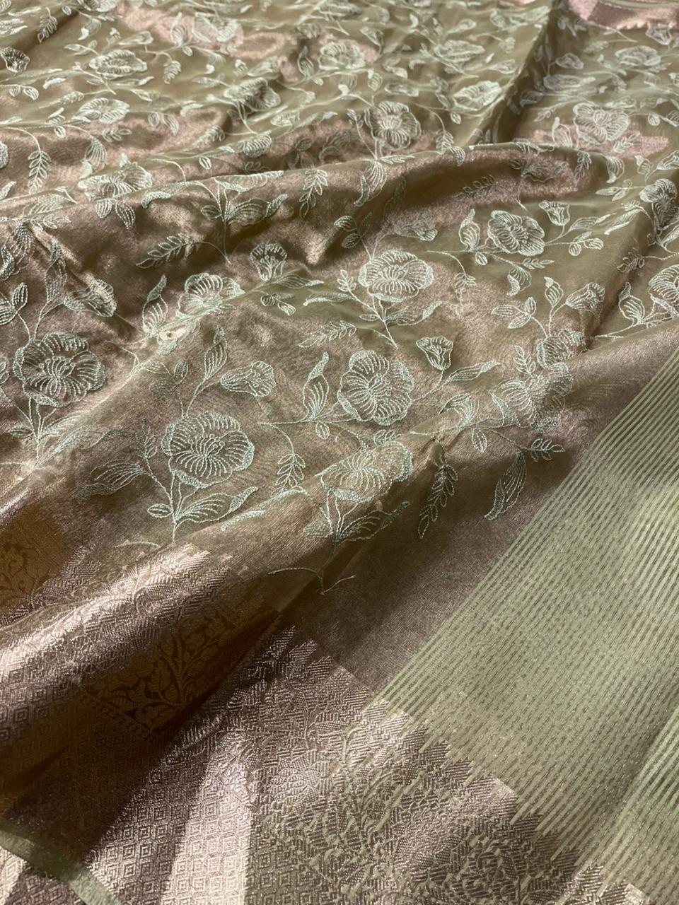 Metallic Teal Green Banarasi Tissue Silk Chikankari Banarasi Saree