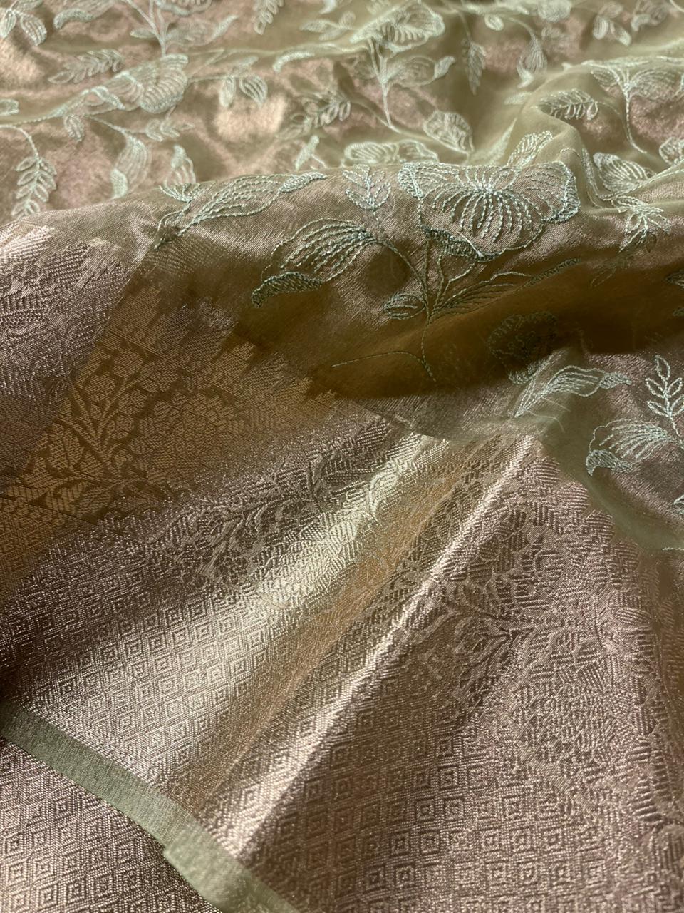 Metallic Teal Green Banarasi Tissue Silk Chikankari Banarasi Saree