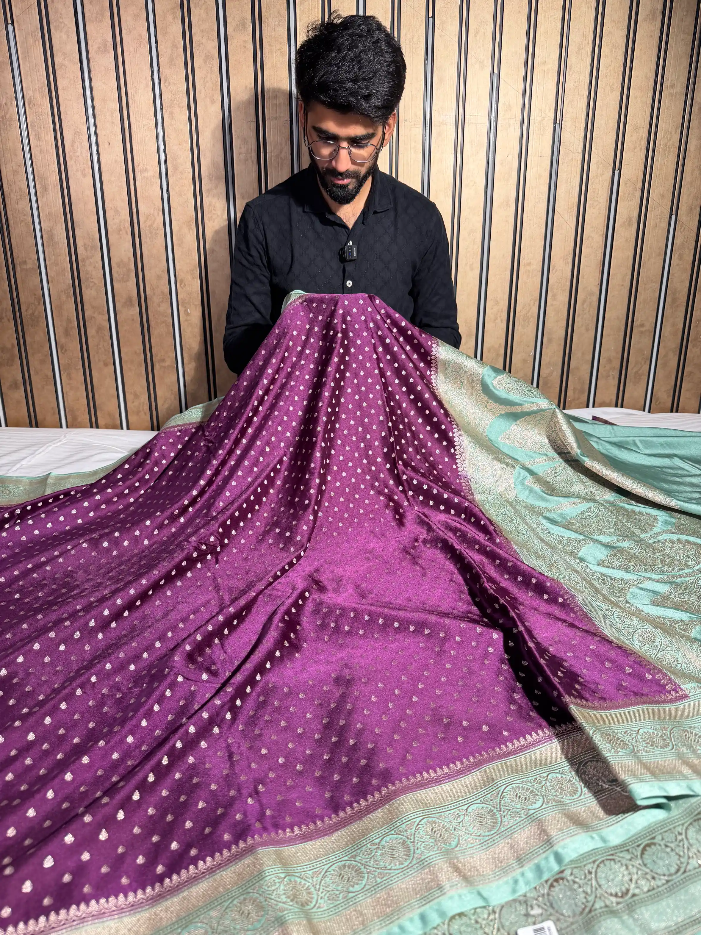 Metallic Violet Mashru Katan Zari Buti Weave Silk Banarasi Saree