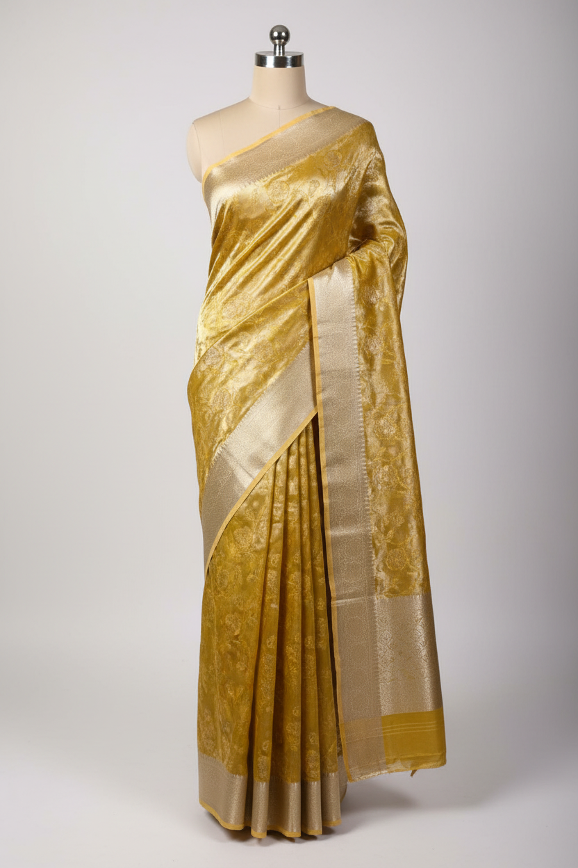 Metallic Yellow Banarasi Tissue Silk Chikankari Banarasi Saree