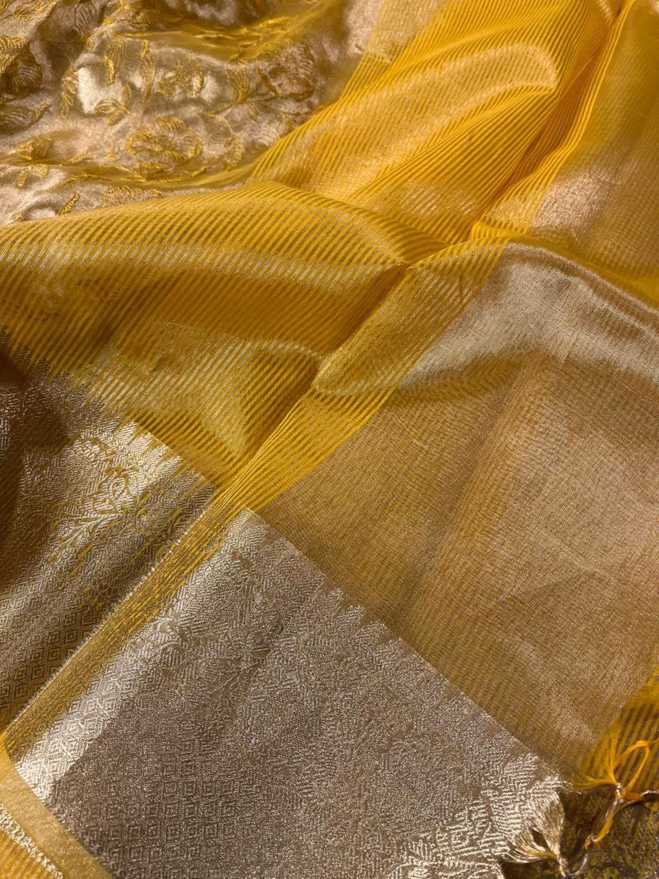 Metallic Yellow Banarasi Tissue Silk Chikankari Banarasi Saree