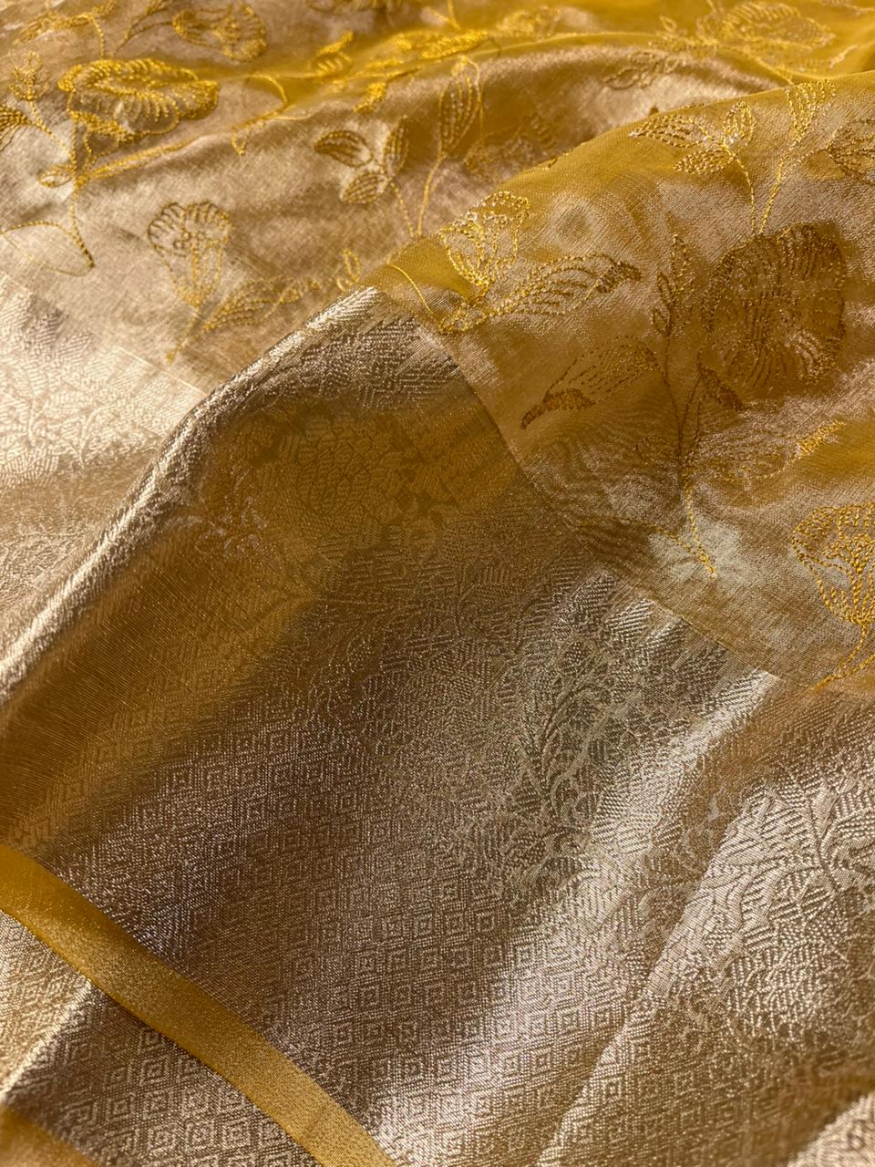 Metallic Yellow Banarasi Tissue Silk Chikankari Banarasi Saree