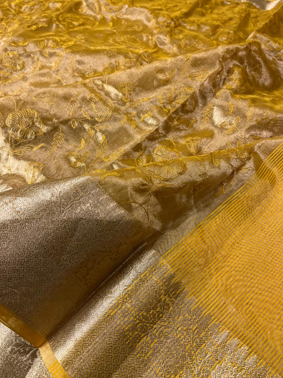 Metallic Yellow Banarasi Tissue Silk Chikankari Banarasi Saree