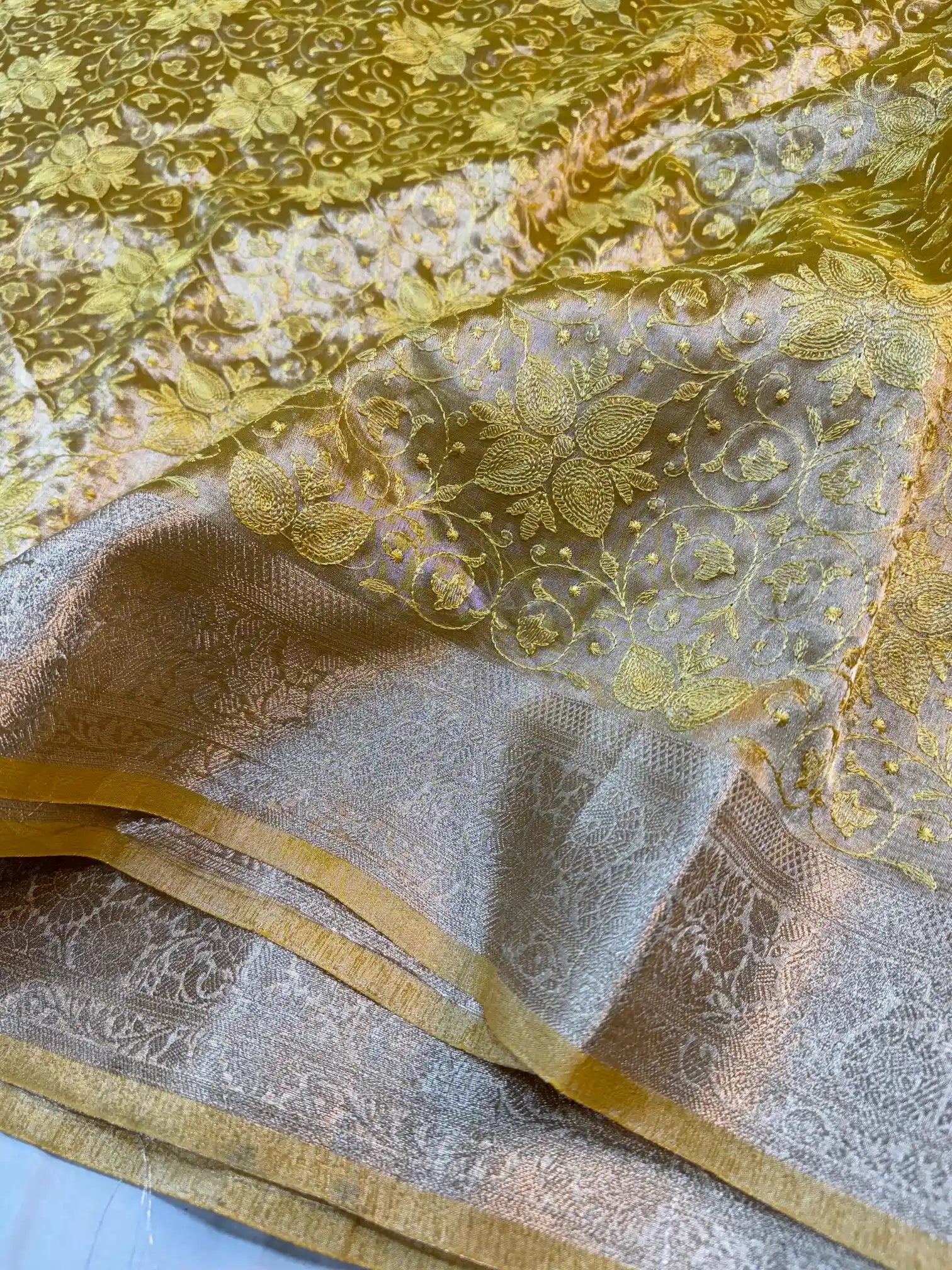 Metallic Yellow Banarasi Tissue Silk Chikankari Work Saree