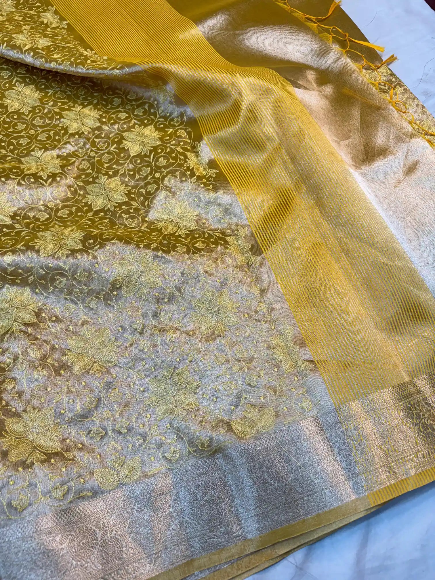 Metallic Yellow Banarasi Tissue Silk Chikankari Work Saree