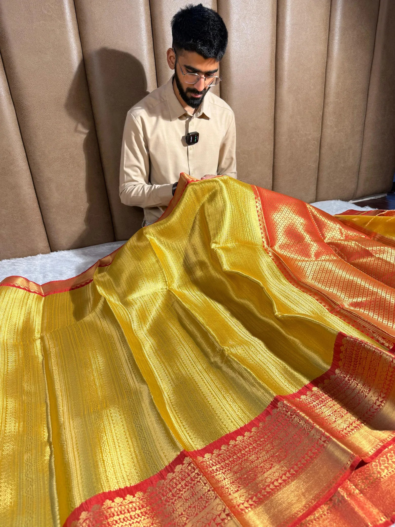 Metallic Yellow Bridal Kanjivaram tissue silk saree