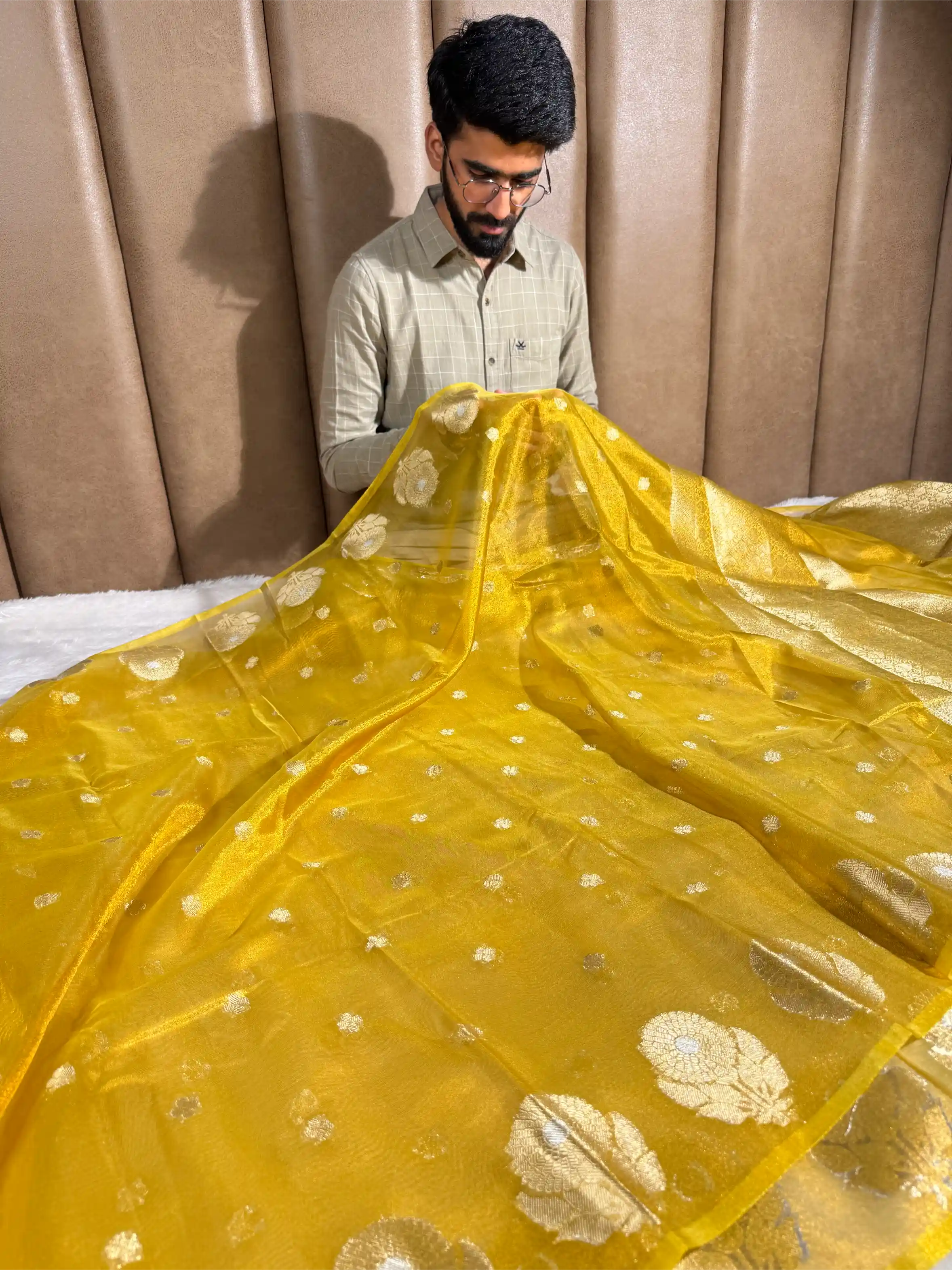 Metallic Yellow Eccentric Soft Tissue Silk Banarasi Saree