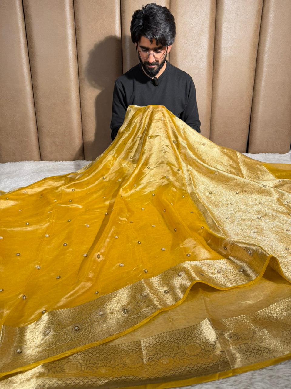 Metallic Yellow Pure Tissue Moti Handwork Saree