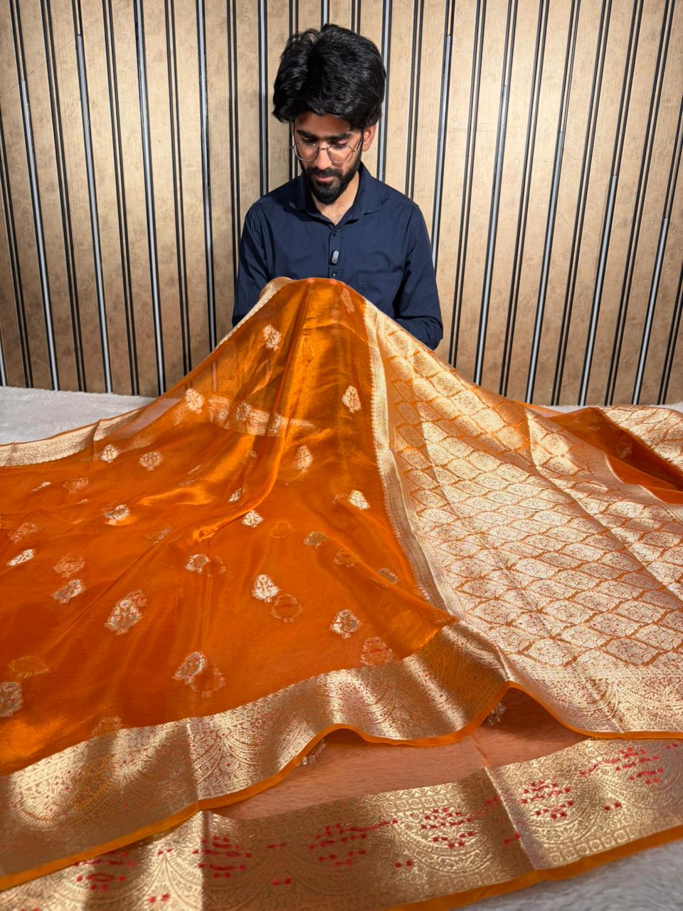Metallic Orange Pure Tissue silk Meenakari Banarasi Saree