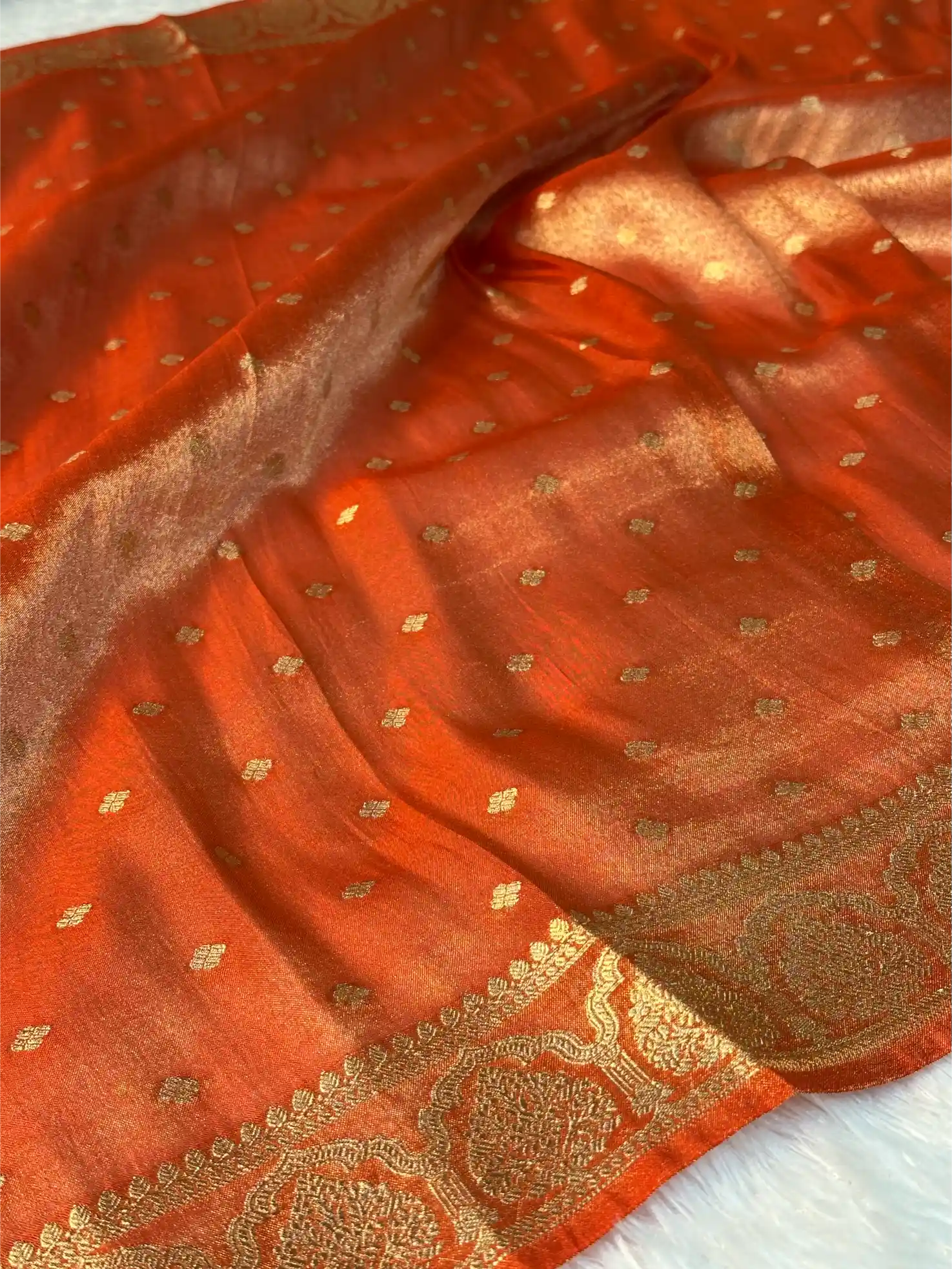 Metallic Orange Tissue Silk Traditional Buta Banarasi Saree