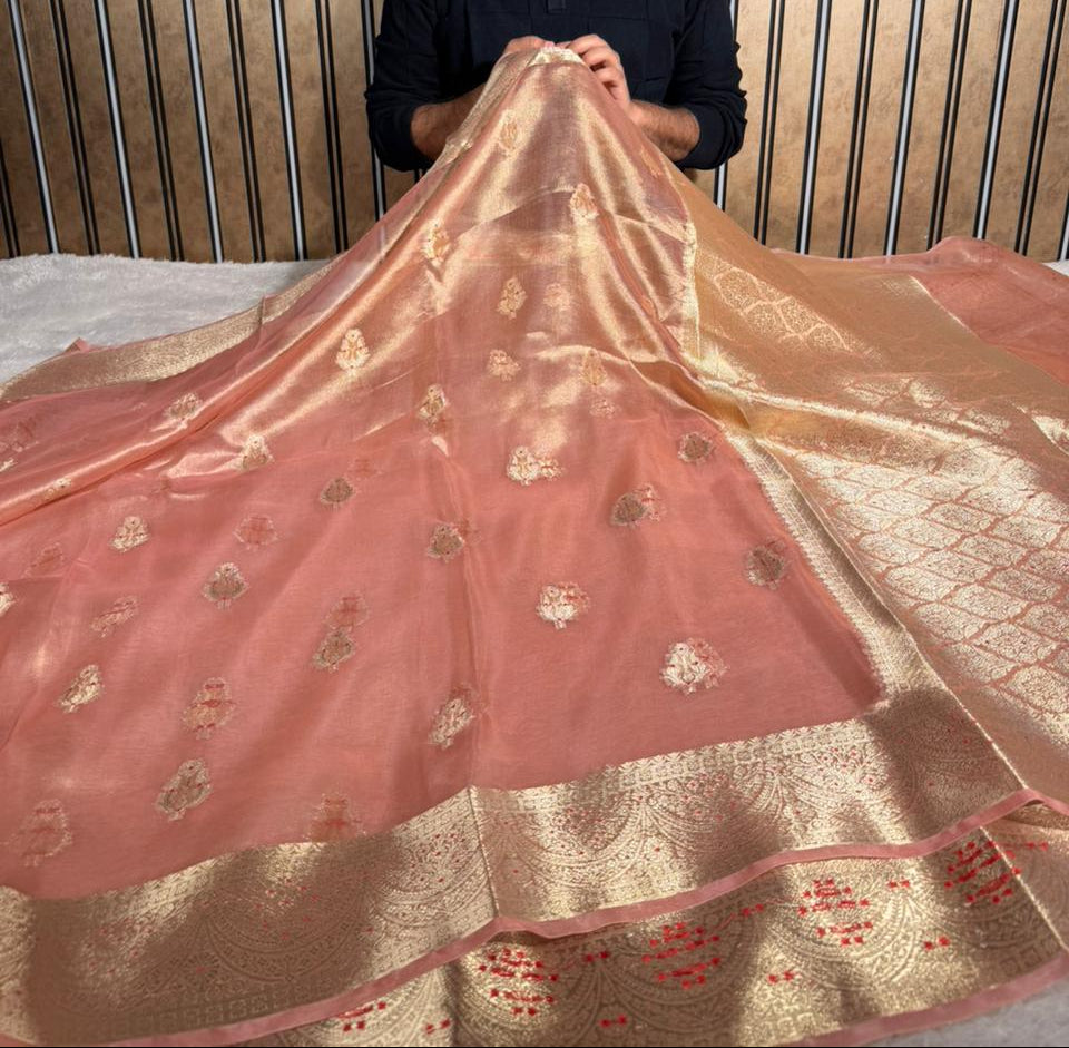 Metallic Peach Pure Tissue silk Meenakari Banarasi Saree