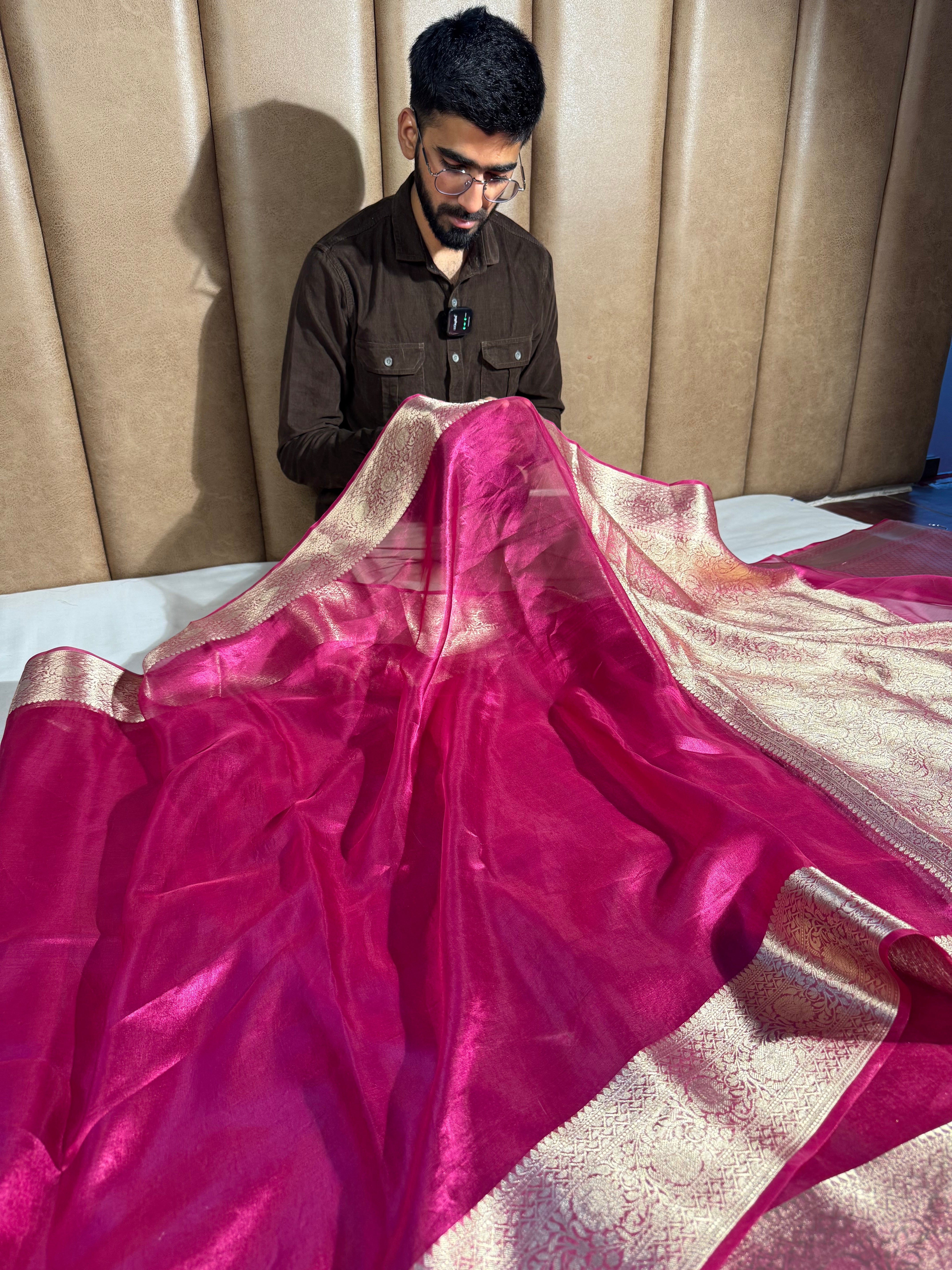 Metallic Rani Pink Pure Tissue Silk Border Saree