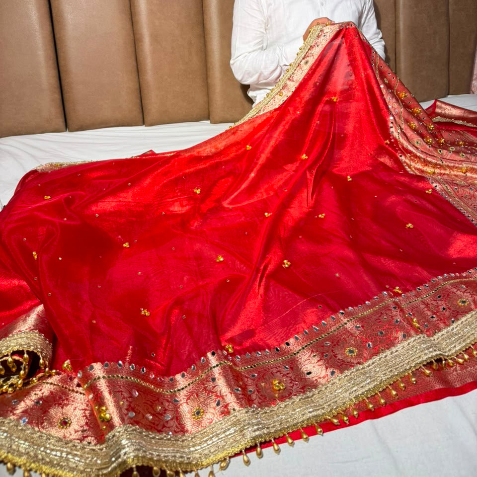 Red Kora Tissue Viral Ghungroo Saree