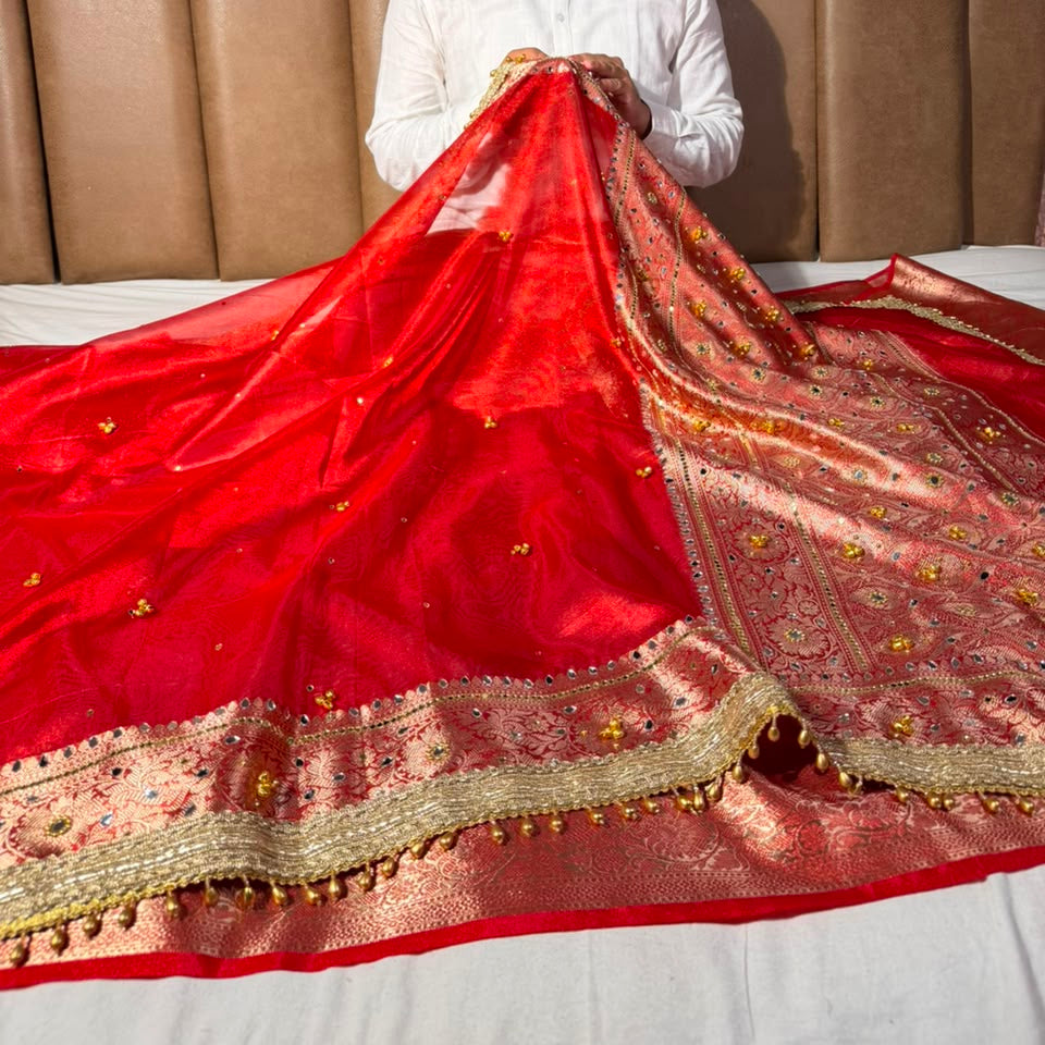 Red Kora Tissue Viral Ghungroo Saree