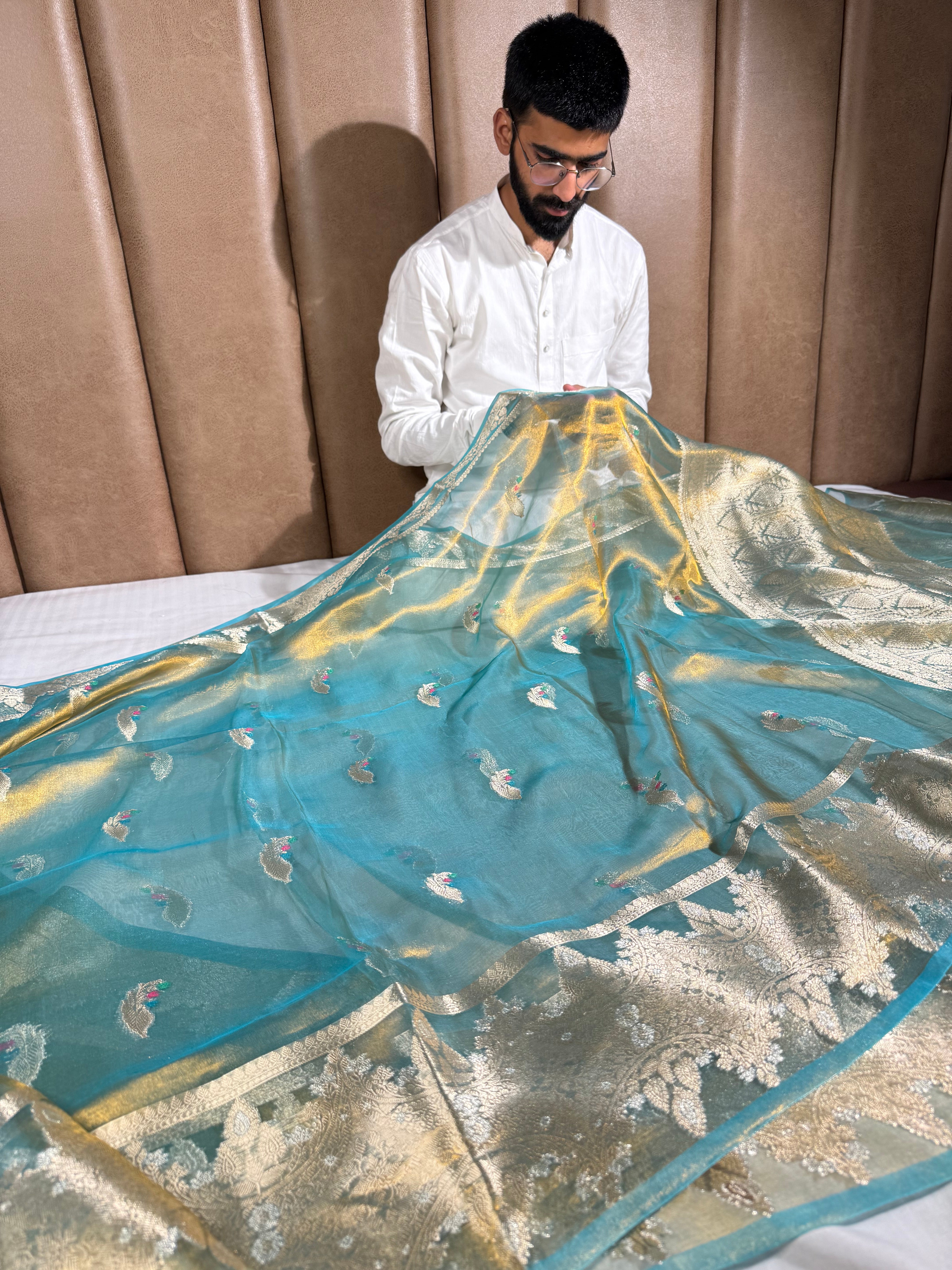 Metallic Sea Green Pure Tissue Silk Saree