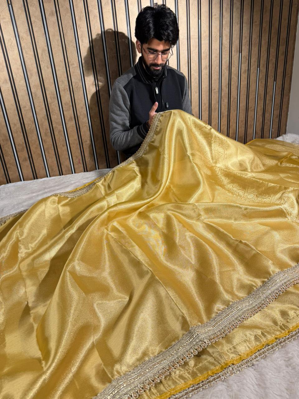 Metallic Yellow Brocade Tissue Silk Designer Saree