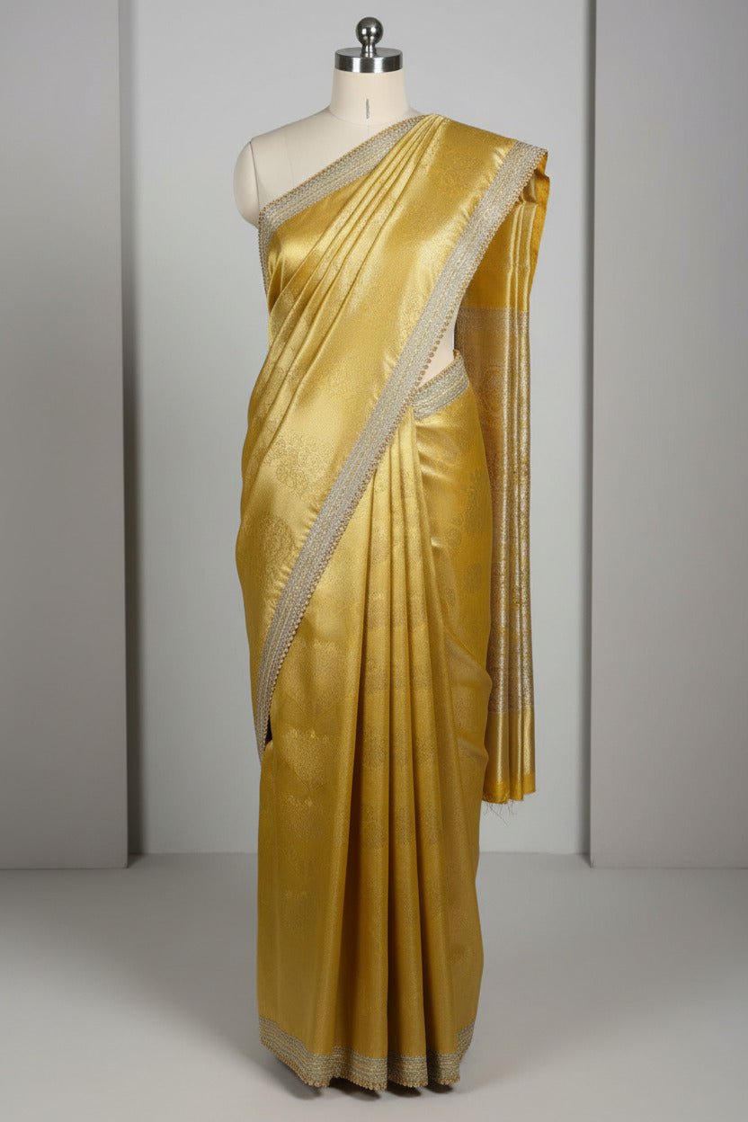 Metallic Yellow Brocade Tissue Silk Designer Banarasi Saree