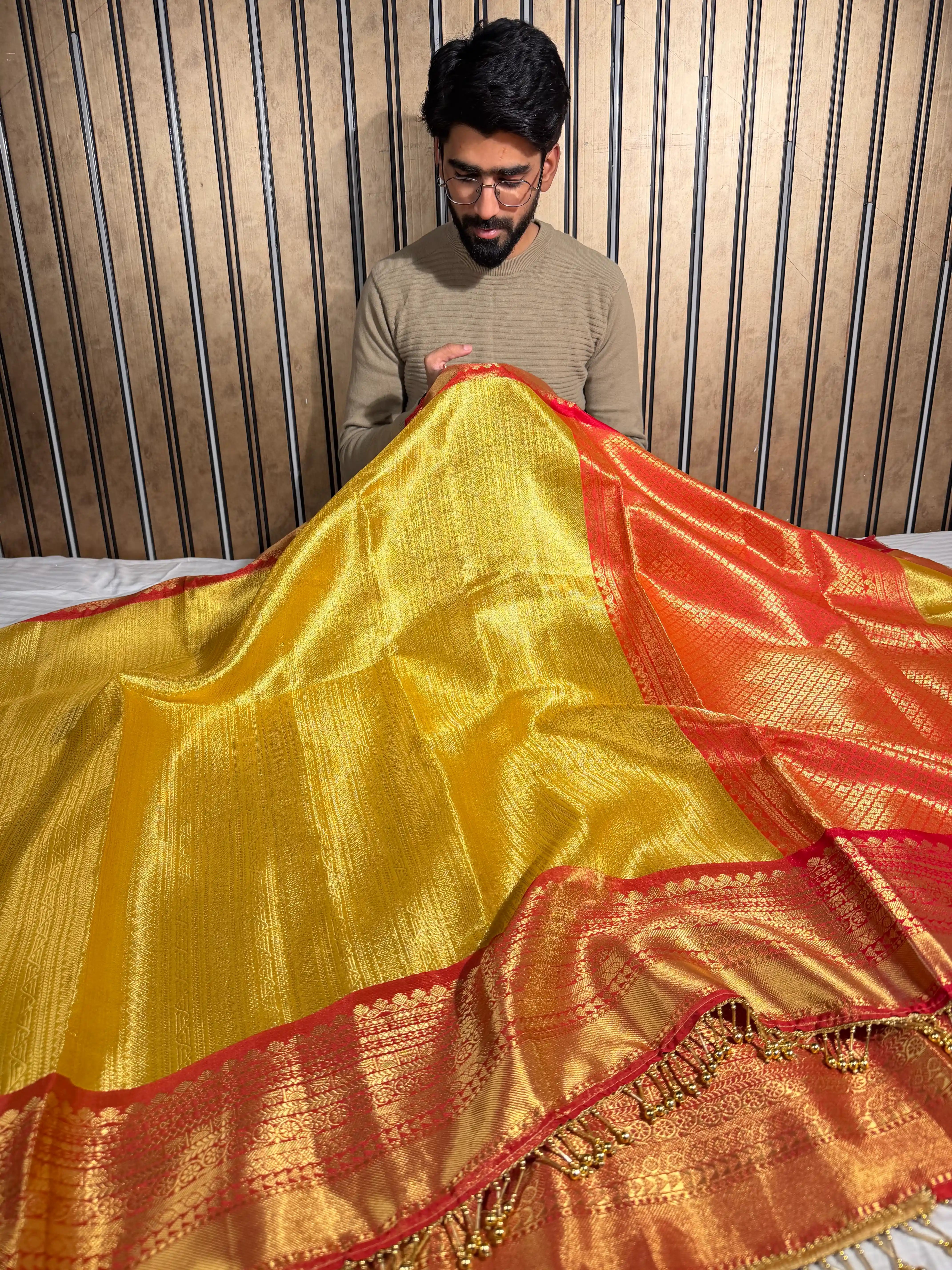 Bright Yellow Kanjivaram Tissue Silk Moti Lace Designer Saree