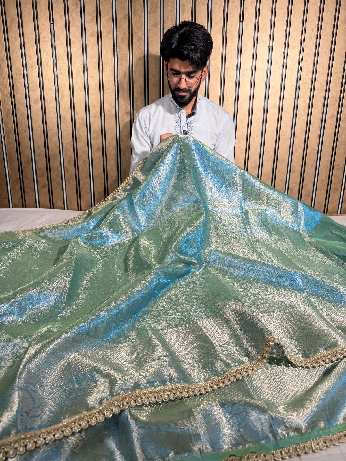 Metallic firozi glass tissue silk designer Banarasi saree