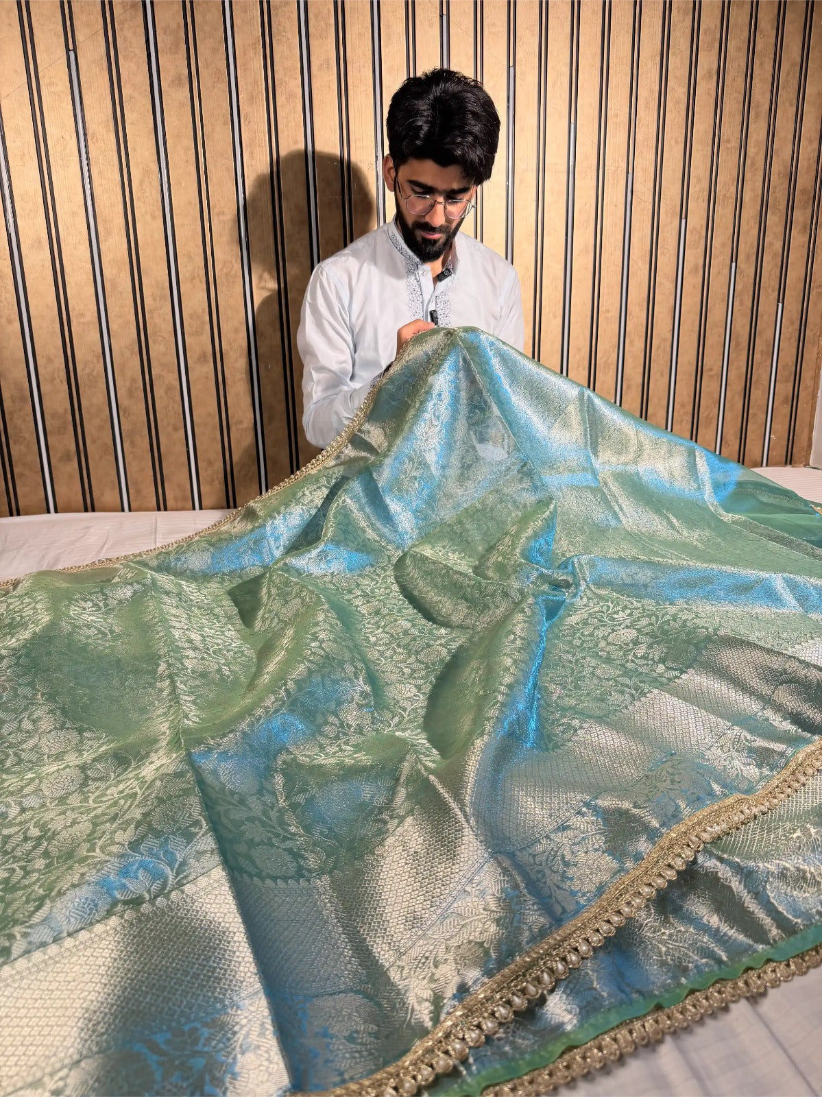 Metallic firozi glass tissue silk designer Banarasi saree