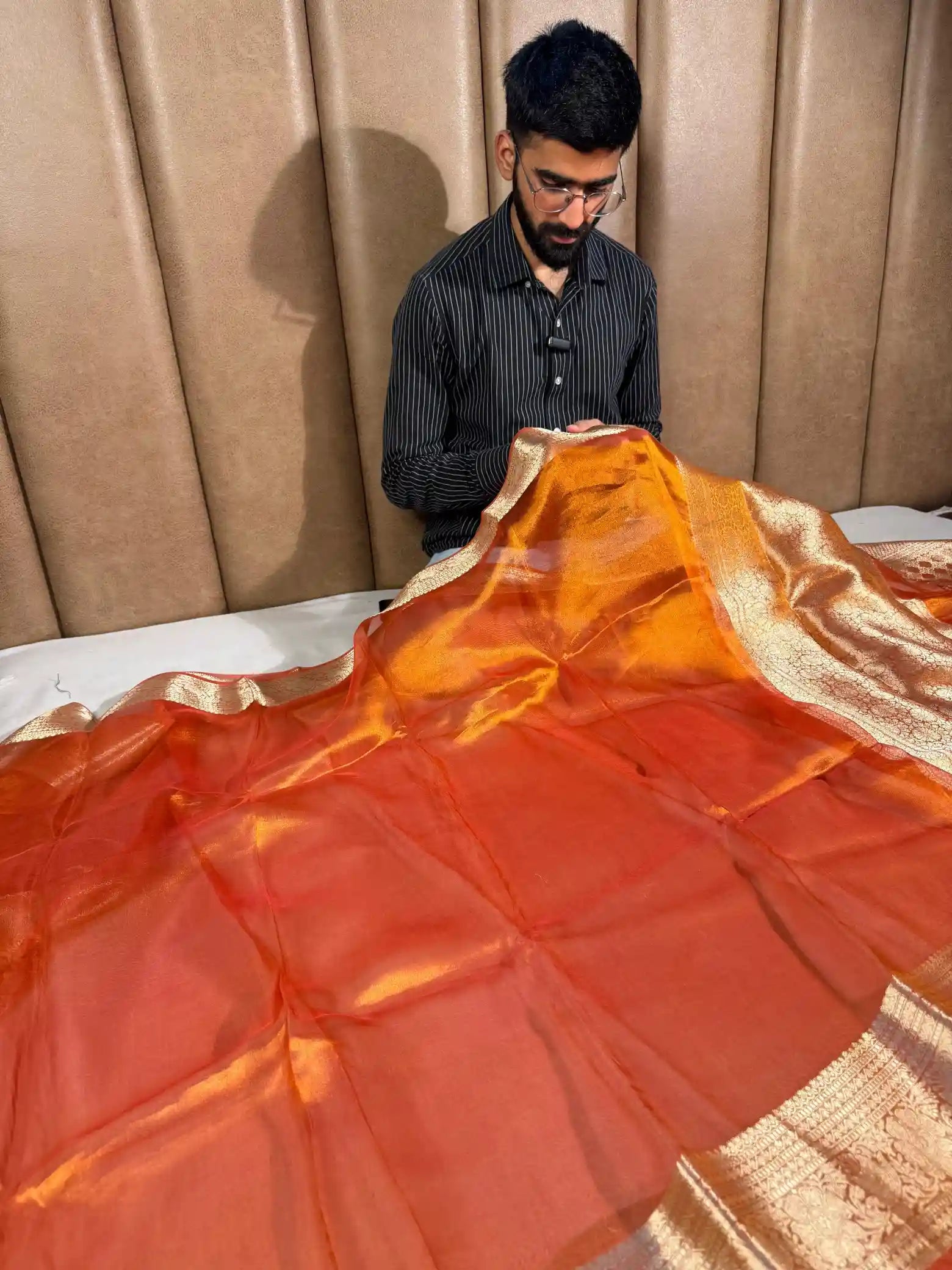 Metallic orange pure tissue silk Banarasi saree
