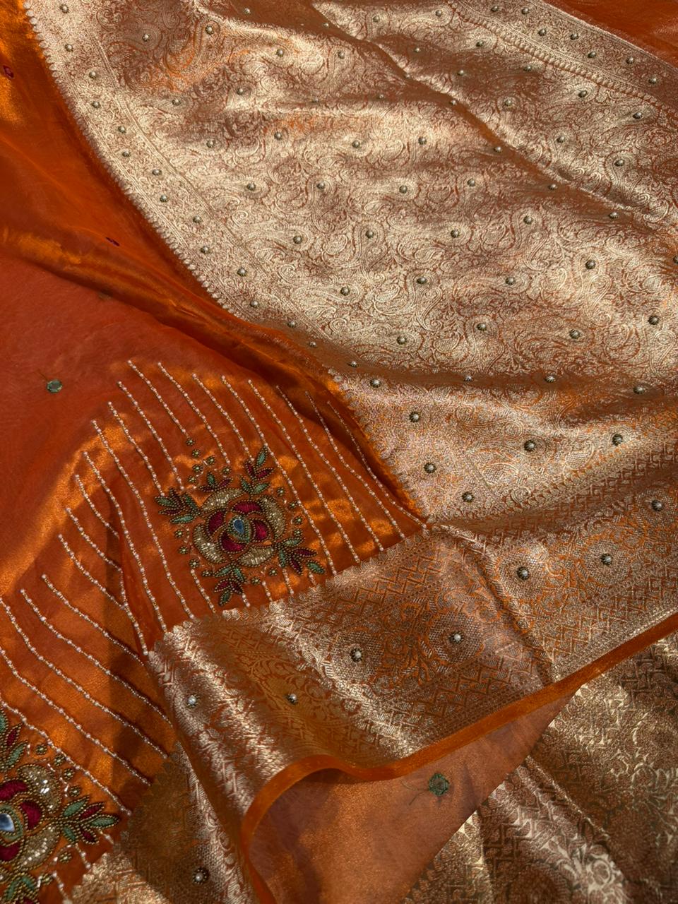 Metallic Orange Pure Tissue Silk Handwork Saree