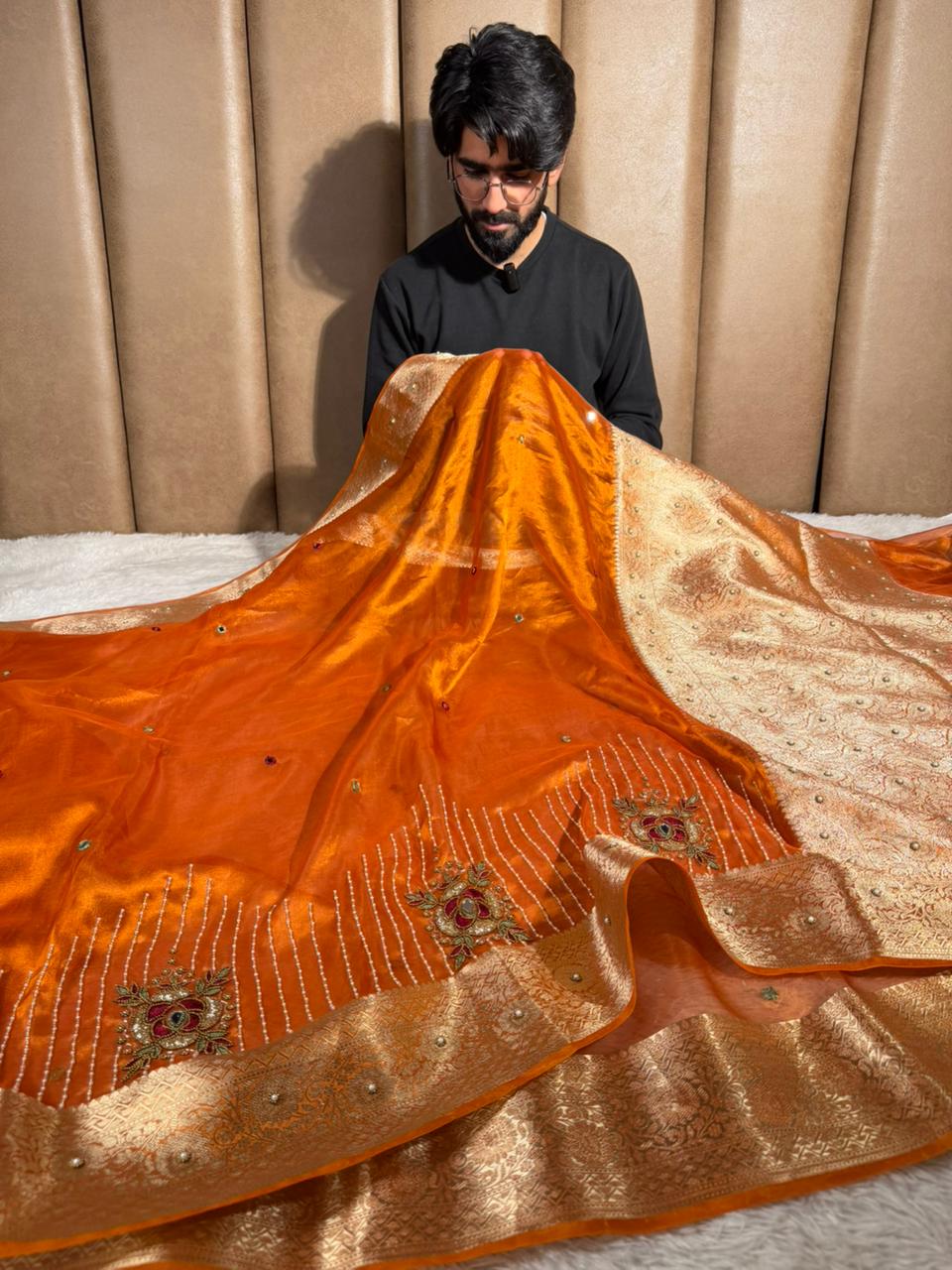 Metallic Orange Pure Tissue Silk Handwork Saree