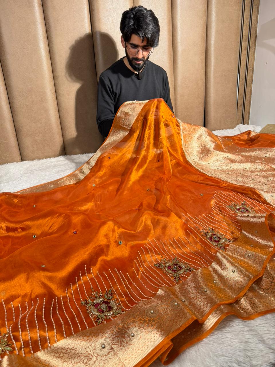 Metallic Orange Pure Tissue Silk Handwork Saree