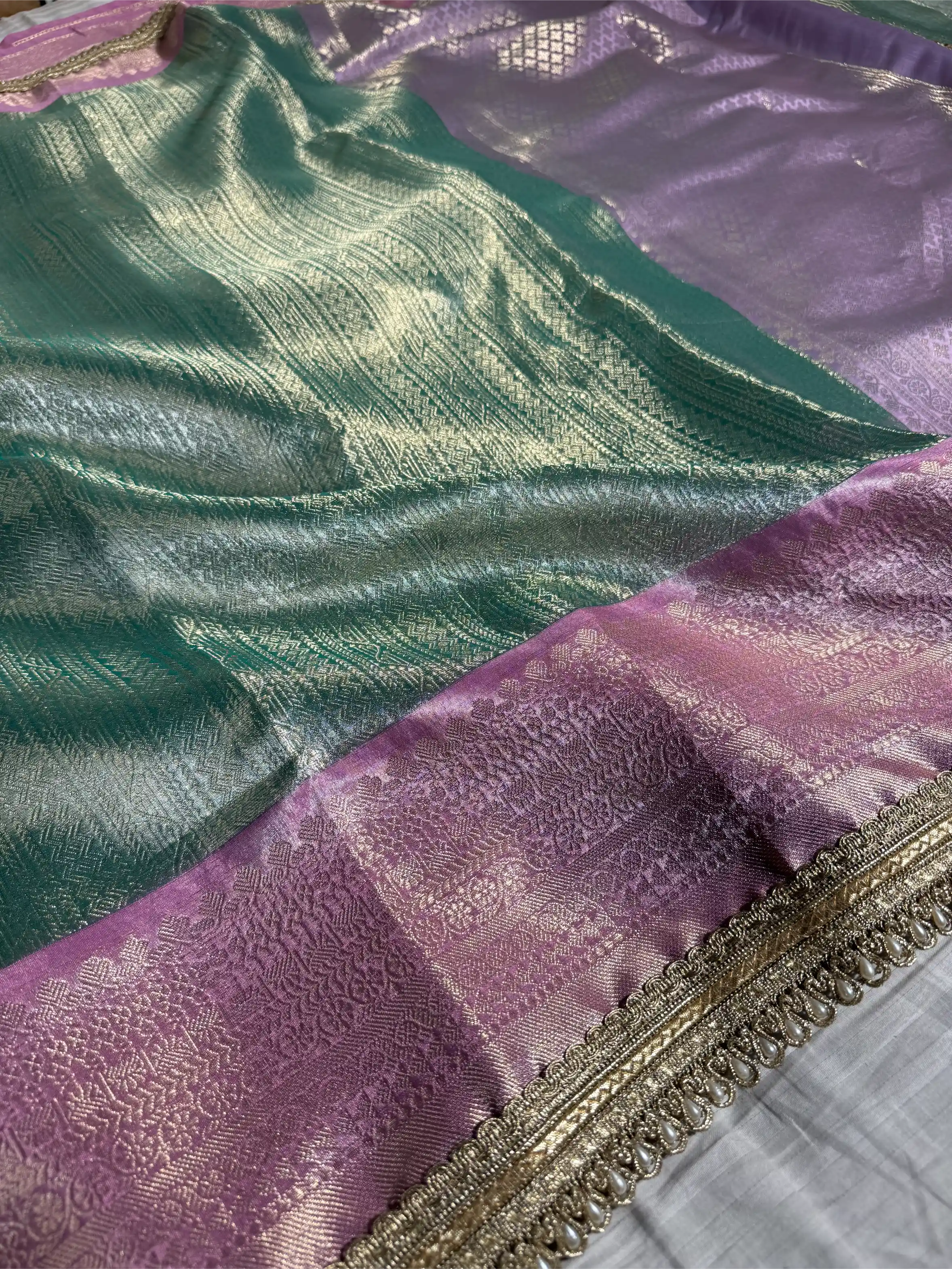 Mint Green Brocade Tissue Silk Designer Lace Work Banarasi Saree