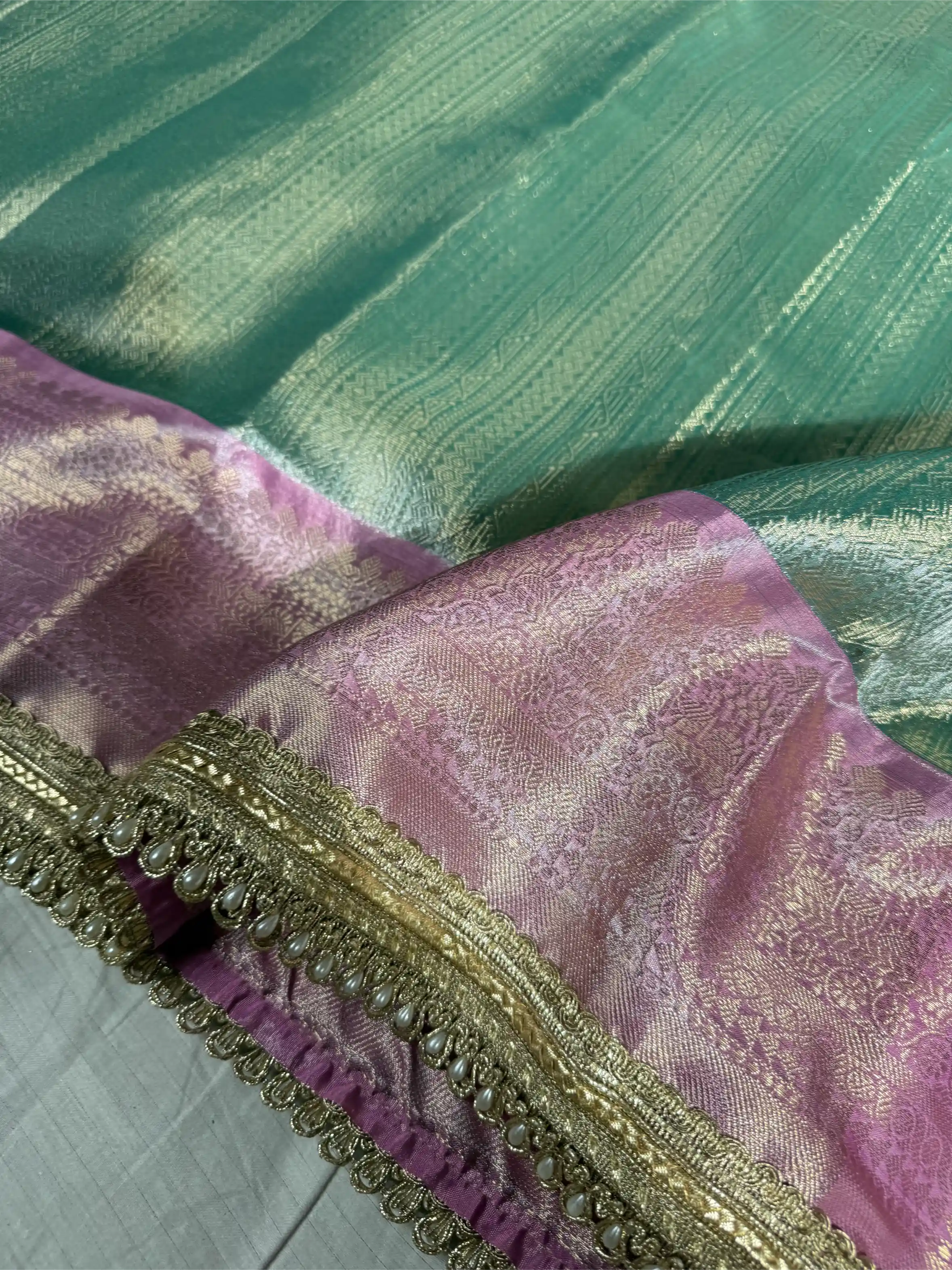 Mint Green Brocade Tissue Silk Designer Lace Work Banarasi Saree