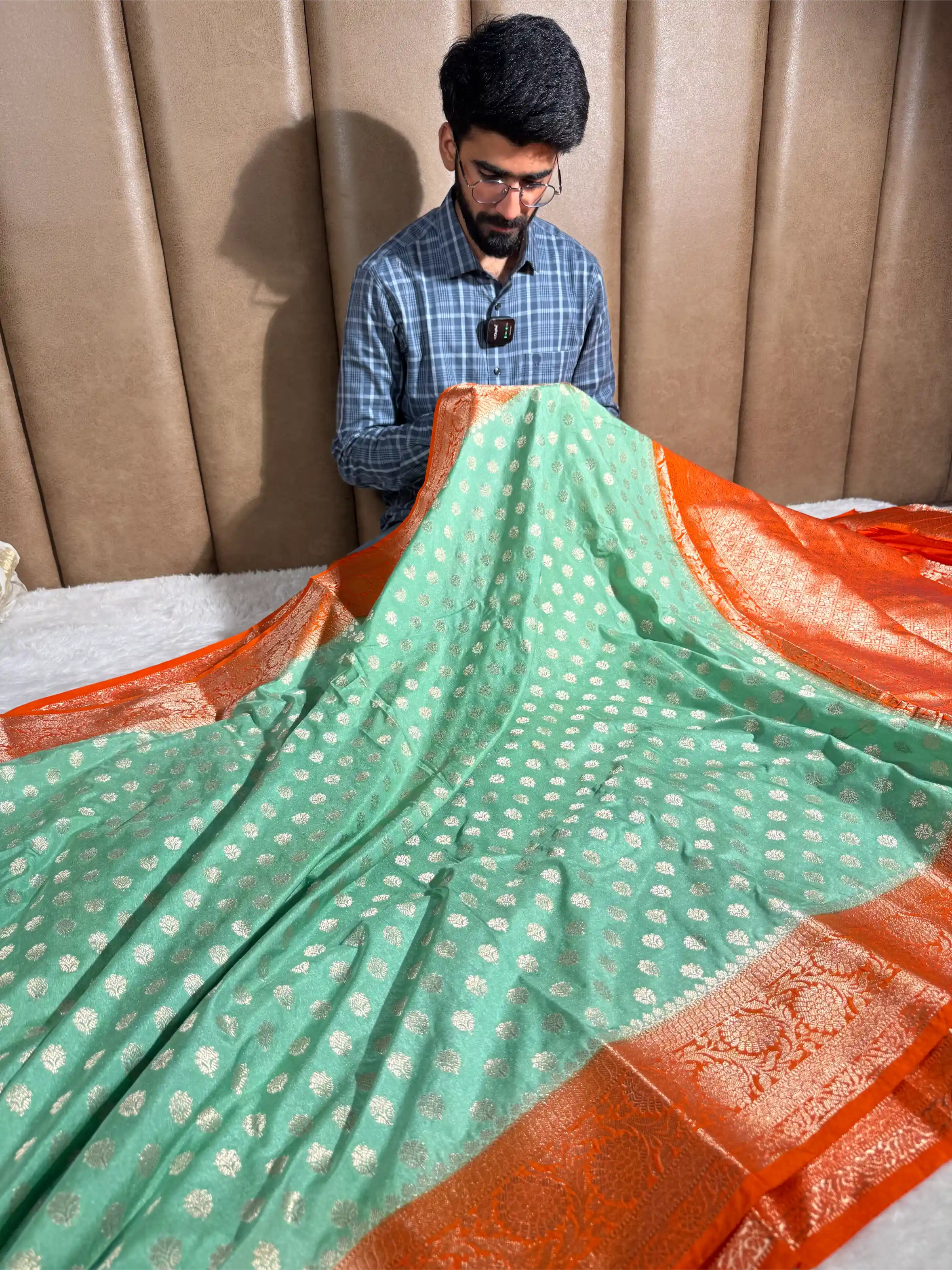 Mint Green Khaddi Buti Chinia Silk Banarasi Saree