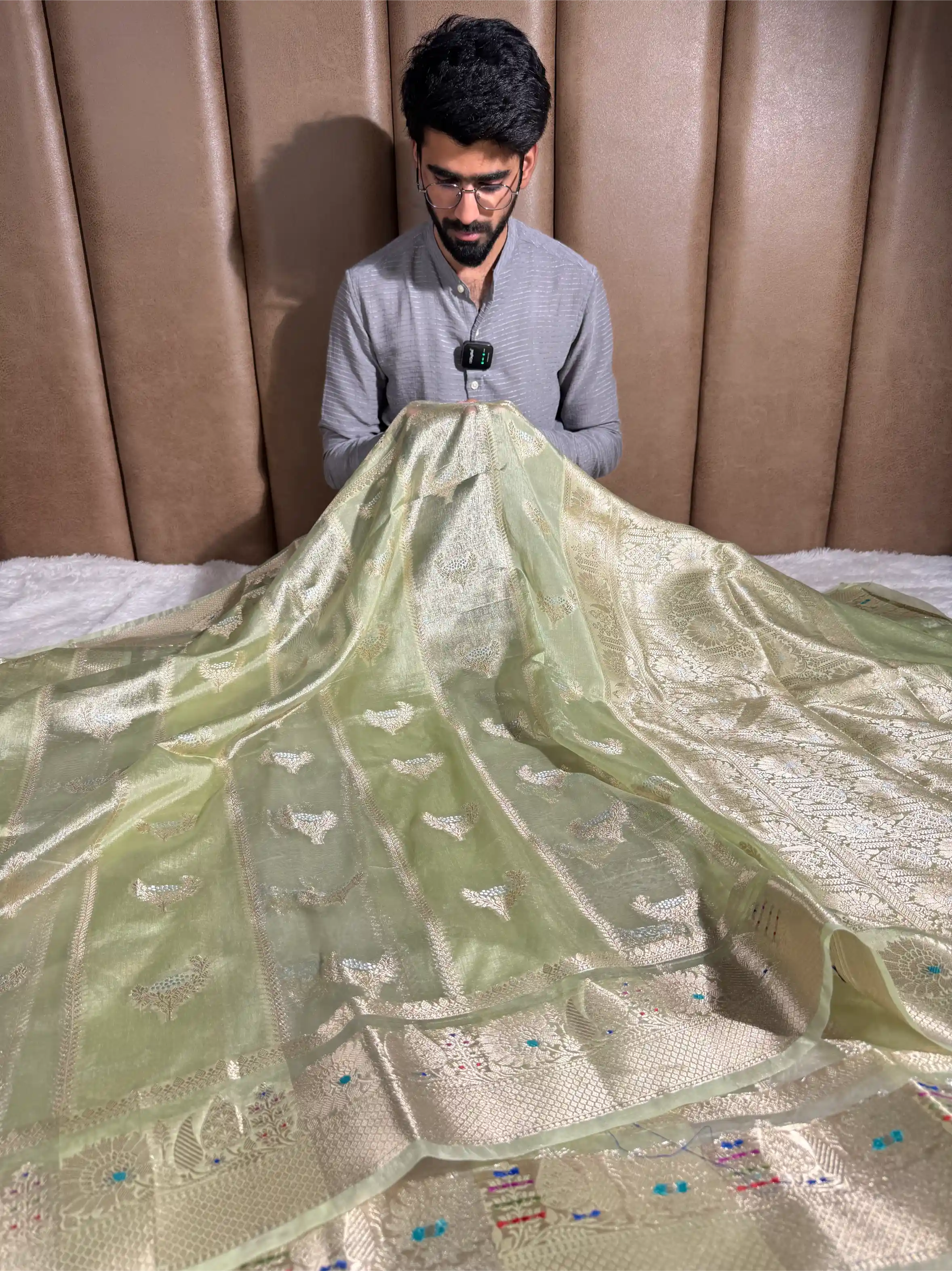 Mint Green Rare Chinia Tissue Heritage Banarasi Saree