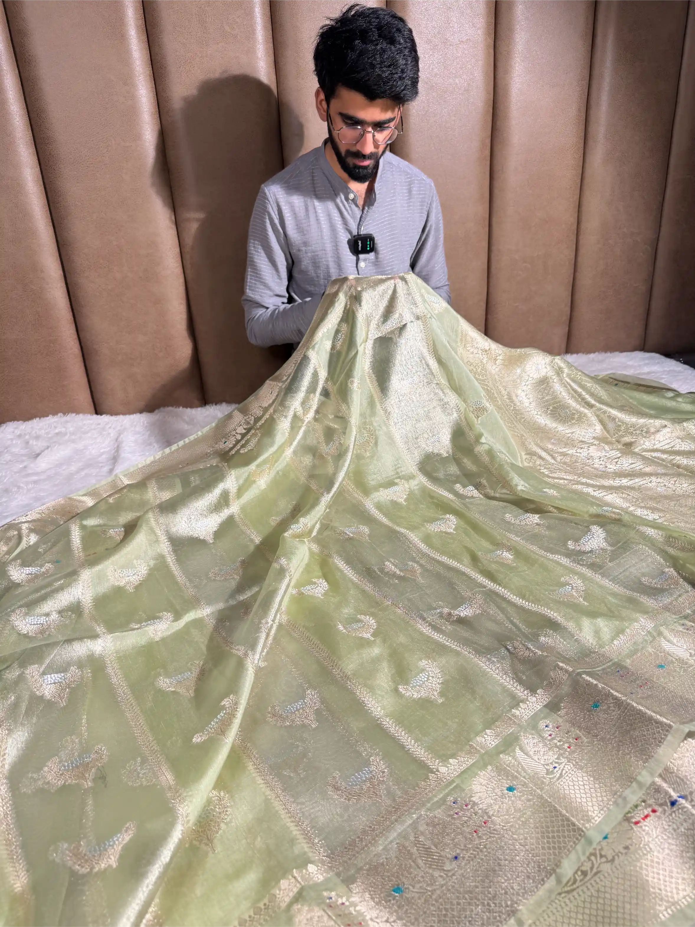 Mint Green Rare Chinia Tissue Heritage Banarasi Saree