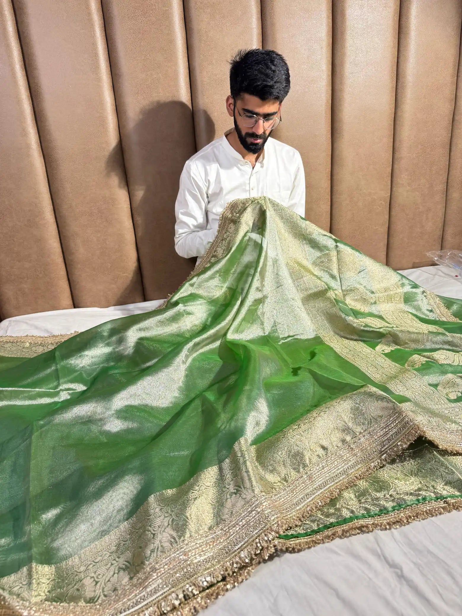 Mint Green Tissue Silk Lace Attached Banarasi Saree