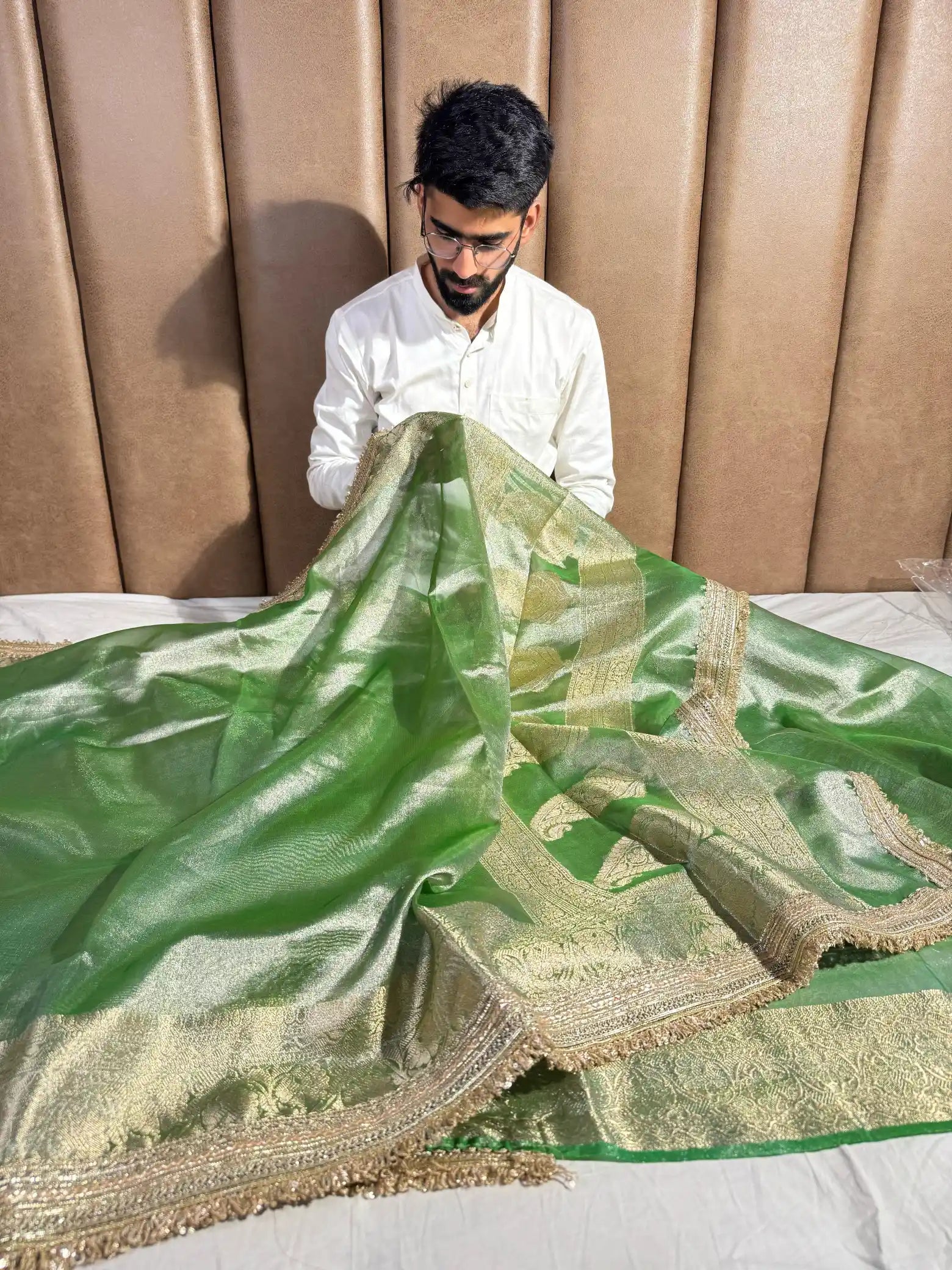Mint Green Tissue Silk Lace Attached Banarasi Saree