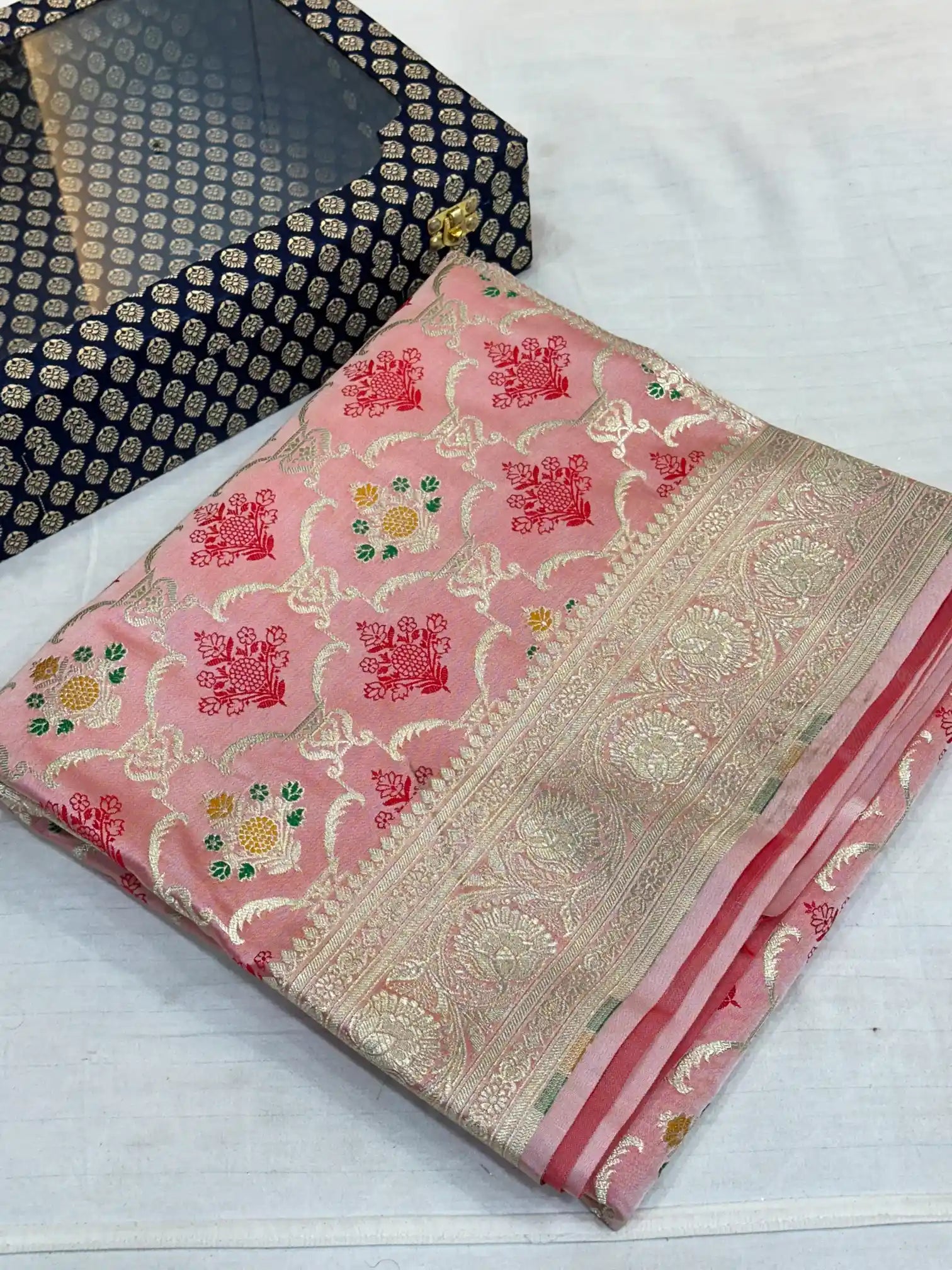 Mint Red Mashru Silk Banarasi Saree