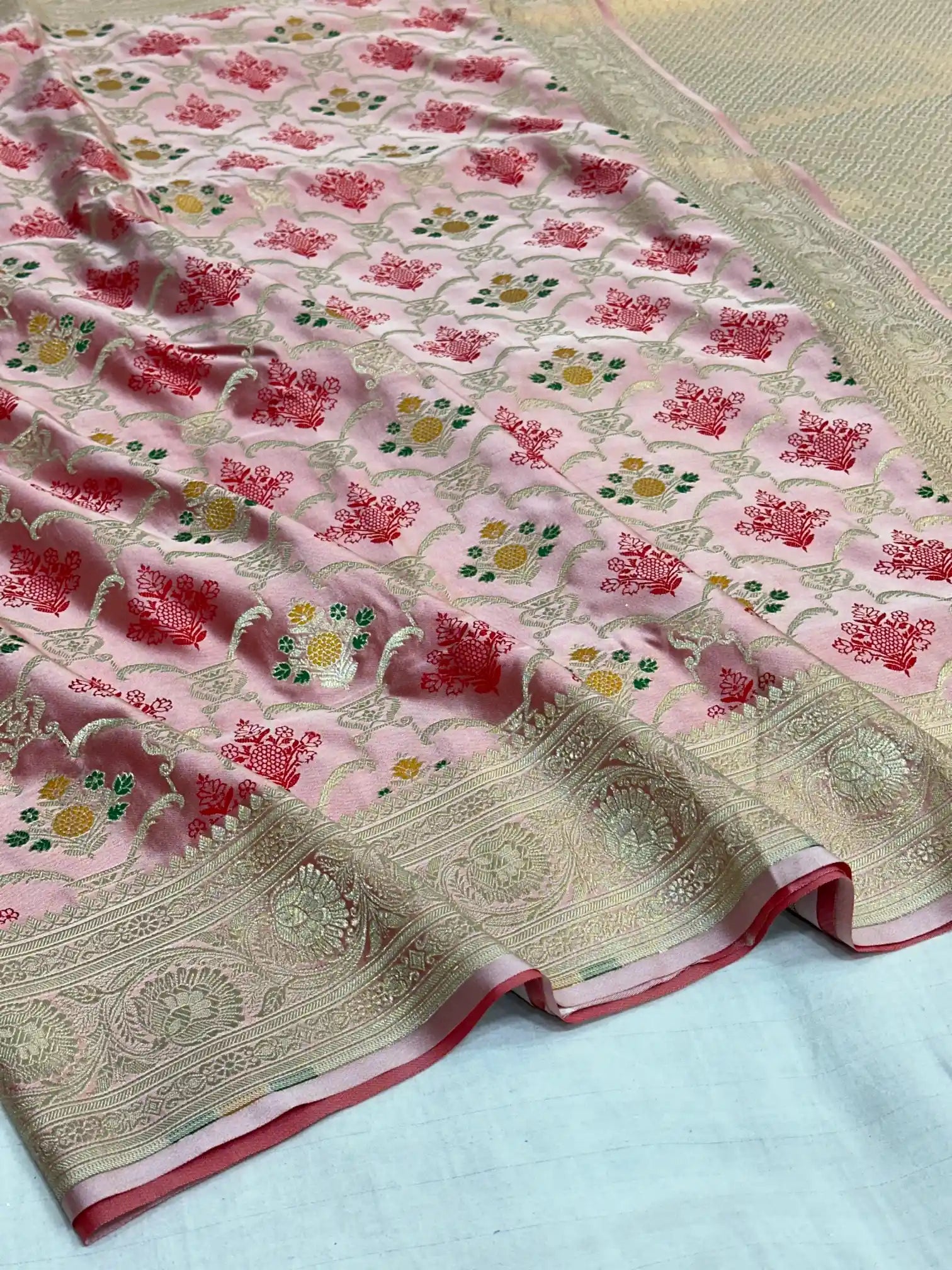Mint Red Mashru Silk Banarasi Saree