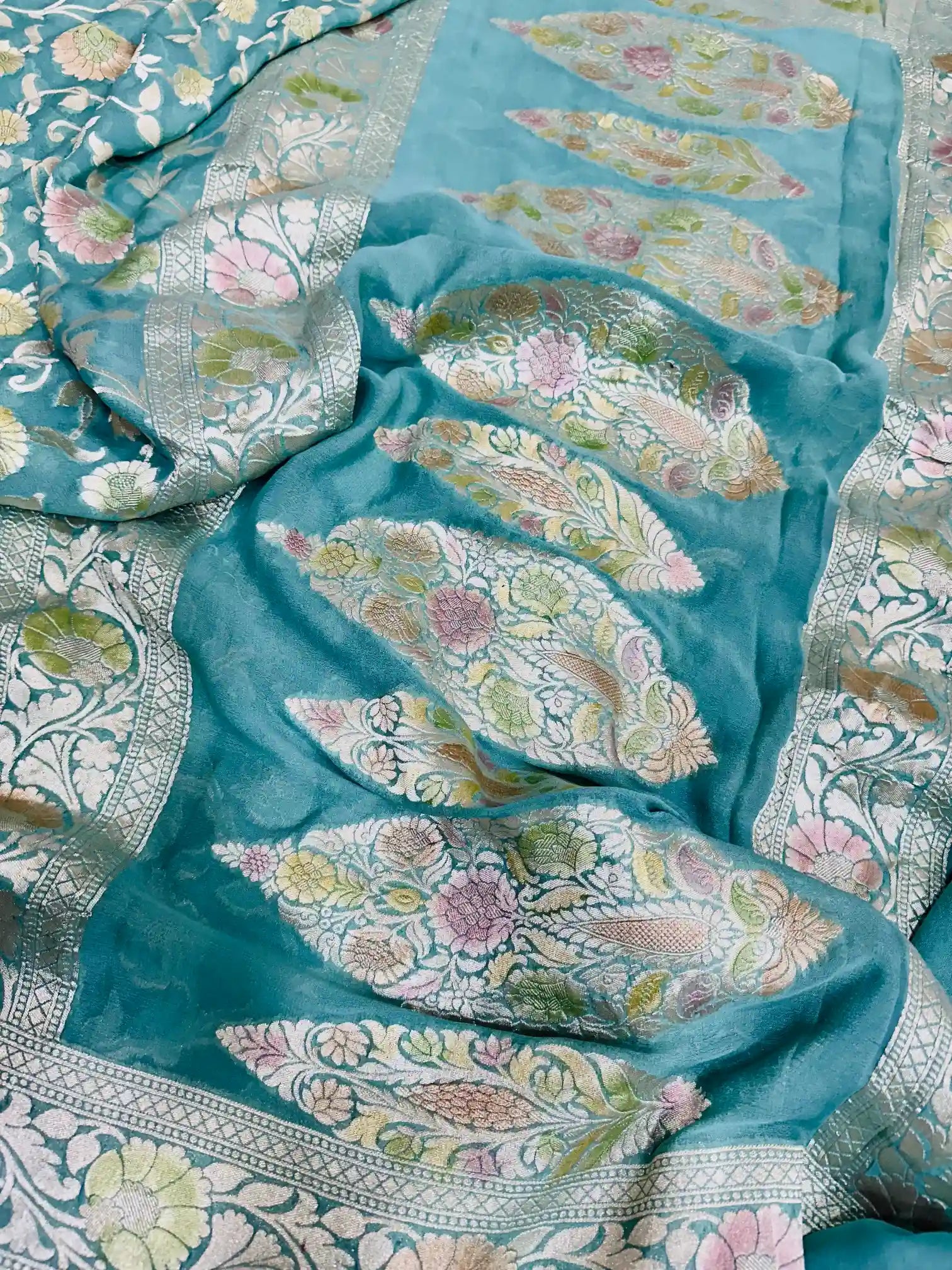 Mint Green Handbrush Khaddi Georgette Banarasi Saree