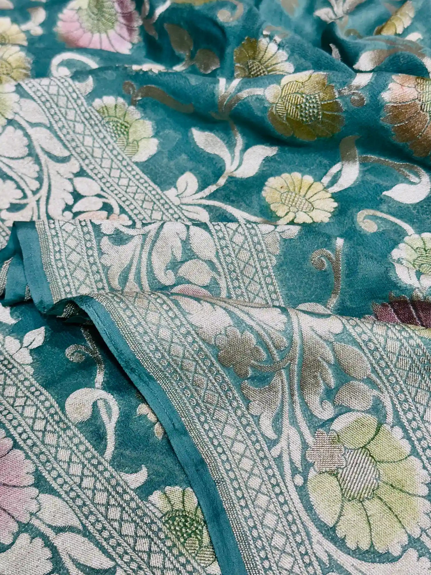 Mint Green Handbrush Khaddi Georgette Banarasi Saree
